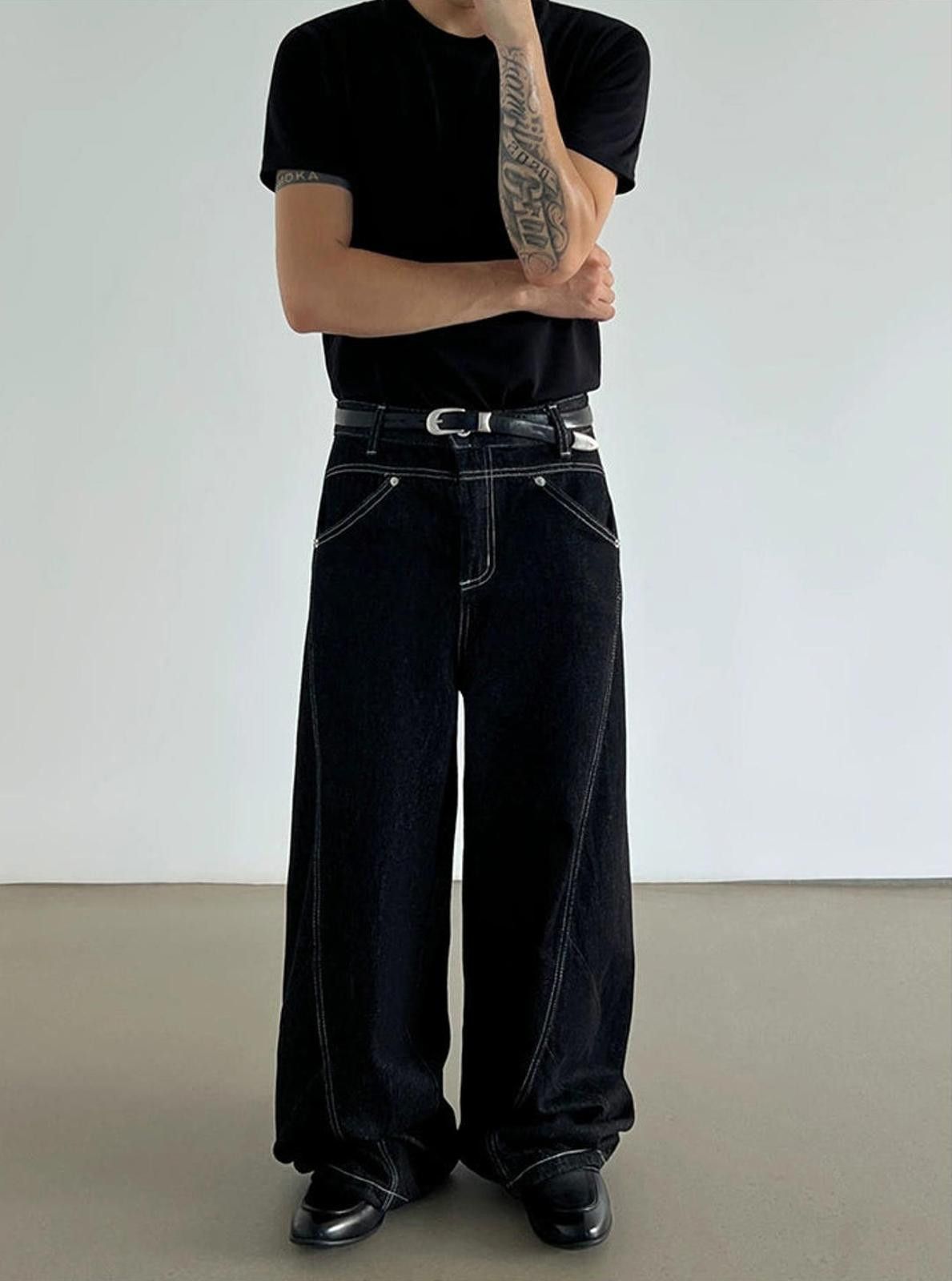 Vintage Black Wide-Leg White Stich Detailing Jeans Size US 32 / EU 48 - 6 Thumbnail