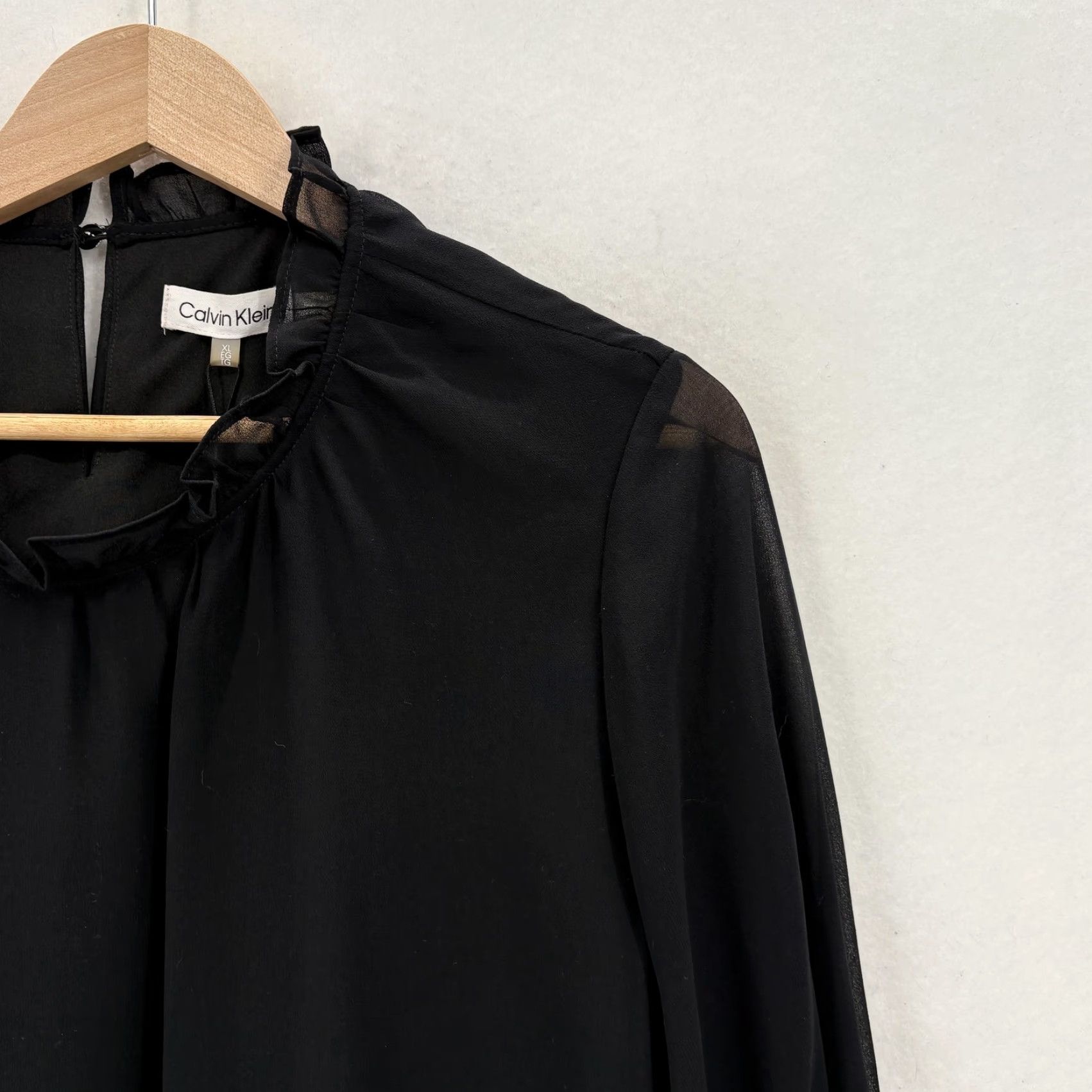 Calvin Klein Calvin Klein Blouse Womens XL Black Chiffon High Neck Ruffle Balloon Sleeve Size XL / US 12-14 / IT 48-50 - 2 Thumbnail