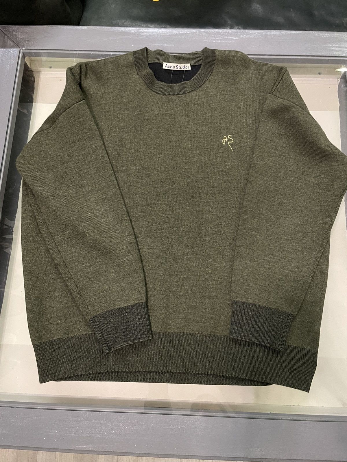 image of Acne Studios Wool Cozy Logo Detail Sweater Jumper Green, Men's (Size Small)