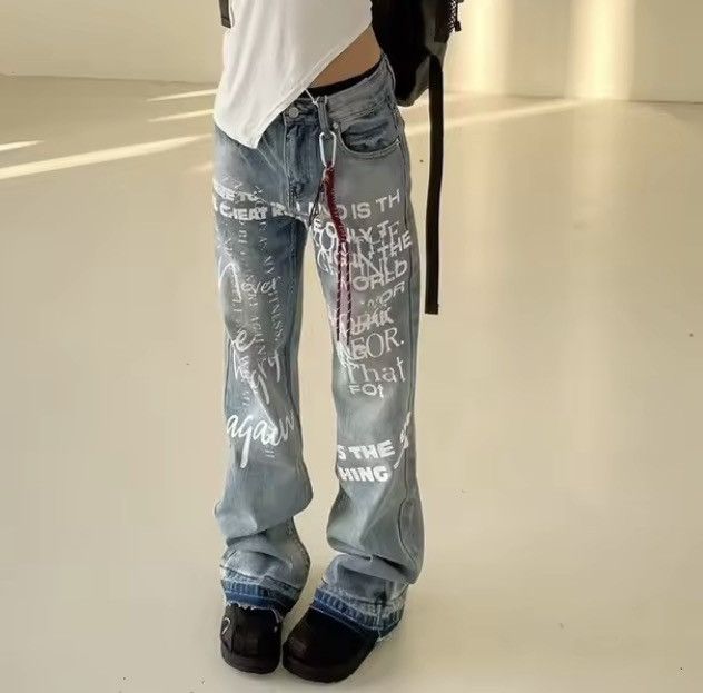Jean American street washed distressed graffiti letter jeans Size US 29 - 3 Thumbnail