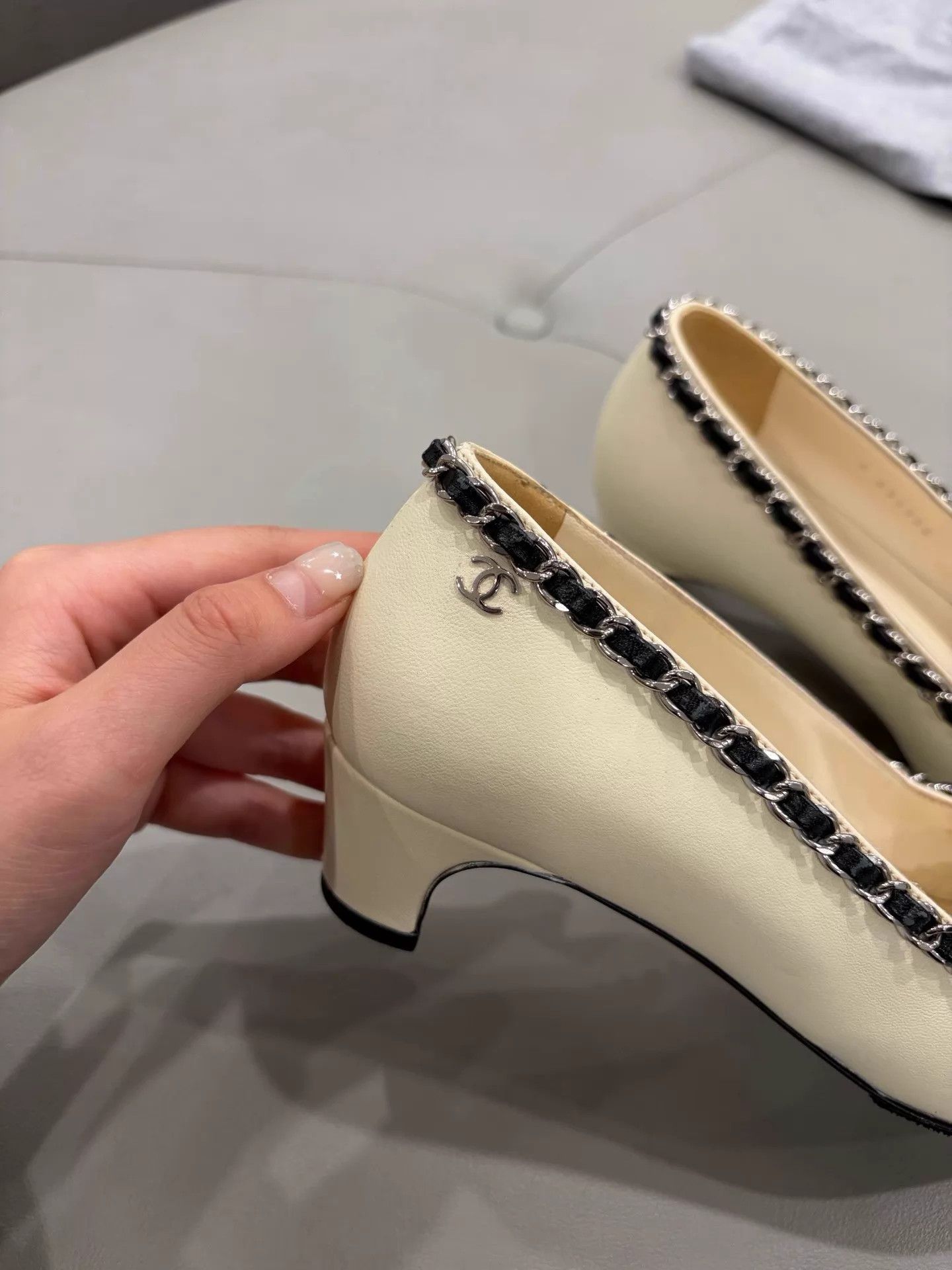 Chanel Chanel women's Panda Leather Chain Block Heel 99 New 35C Size US 4.5 / IT 34.5 - 2 Thumbnail