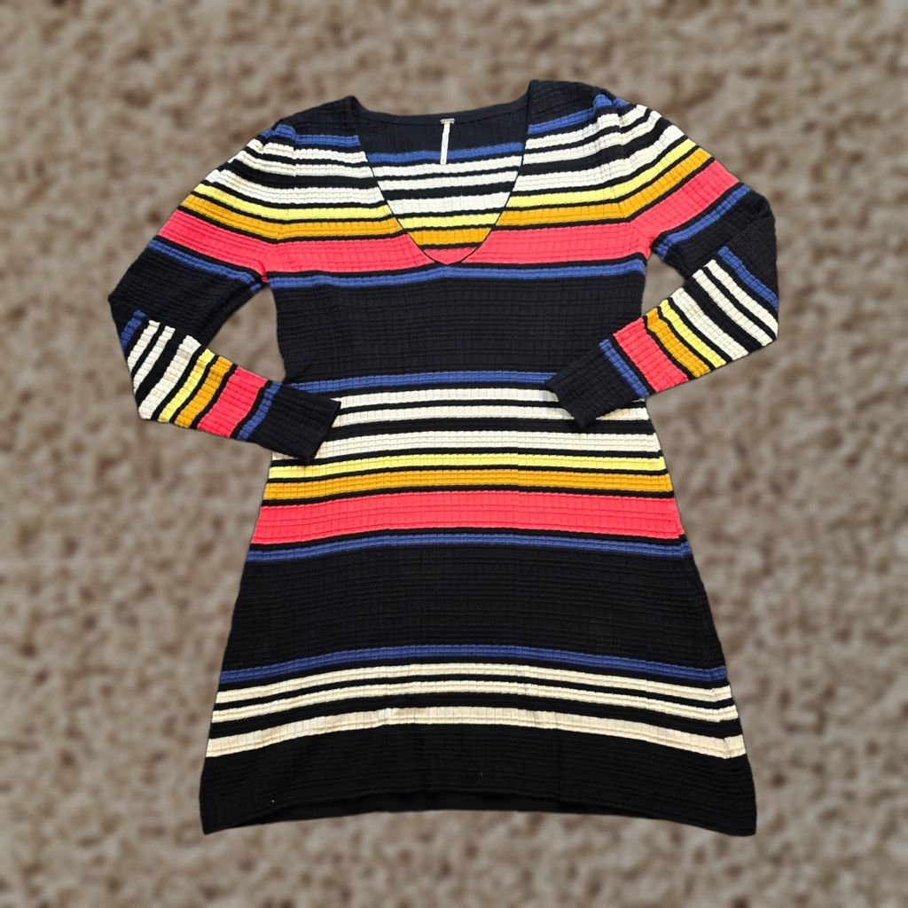 Free People Free People Dress Woman Size M Black Rainbow Striped Knit Ribbed Sweater Dress Casual Size M / US 6-8 / IT 42-44 - 1 Thumbnail