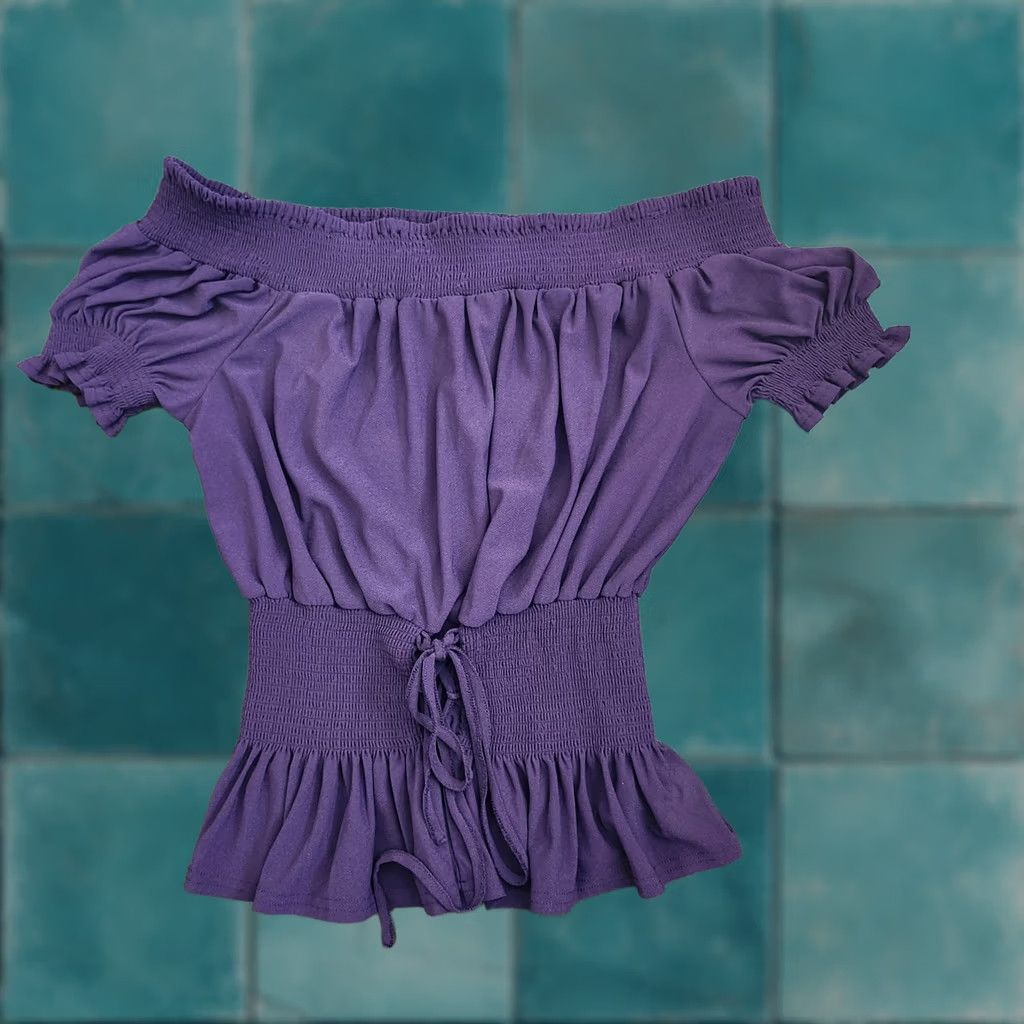 Vintage Sweet Wanderer Purple off Shoulder Top Short Sleeve L Juniors Elastic Waist Zig Zag Laced Up Bow Tie Blouse Size L / US 10 / IT 46 - 1 Thumbnail