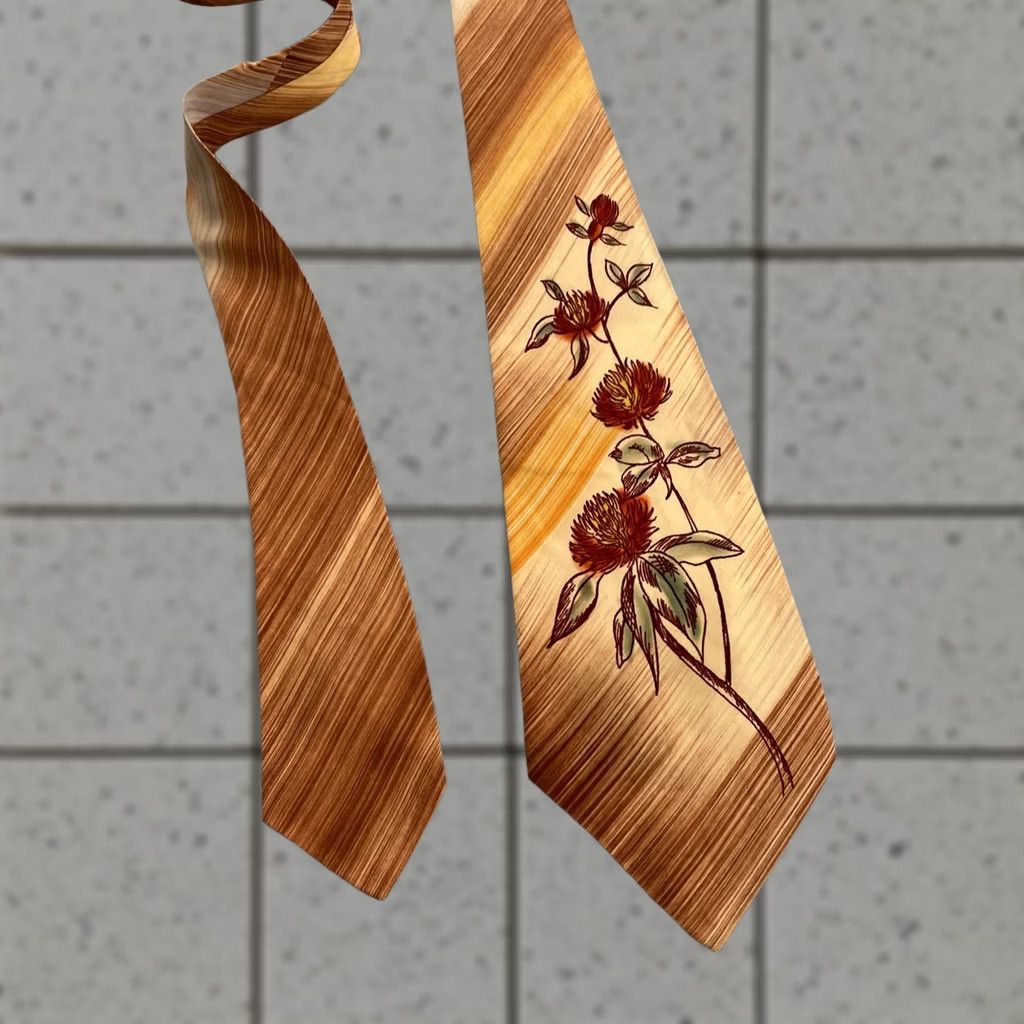 MCM Vtg Towncraft Delux Tie Floral Striped MCM Deco 4.2x51 Brown USA Hand Painted Neckwear Men’s One Size 101 Size ONE SIZE - 1 Thumbnail