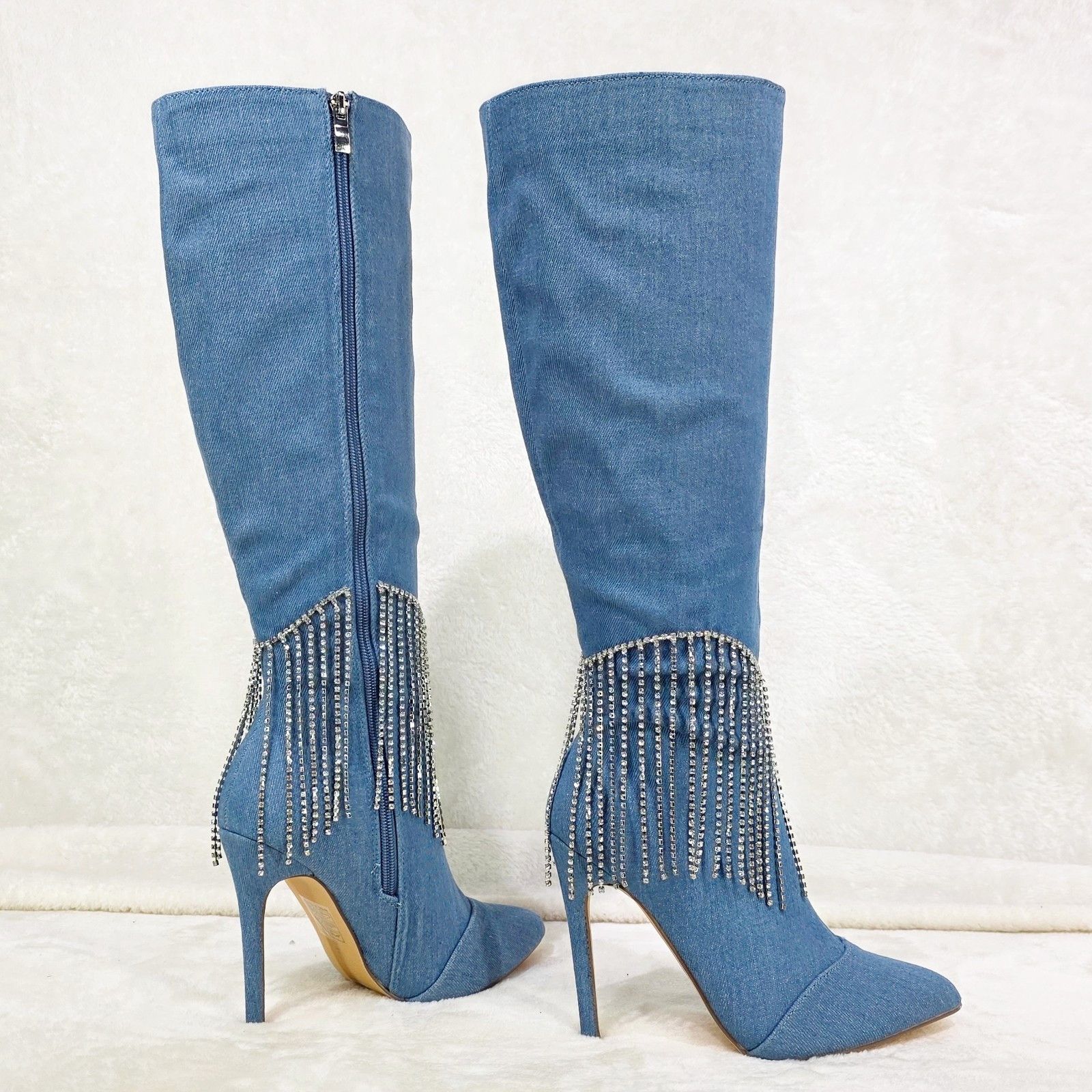 Other Sway Denim Knee High Boots Stiletto Heels Icicle Fringe (US Size US 7.5 / IT 37.5 - 4 Thumbnail
