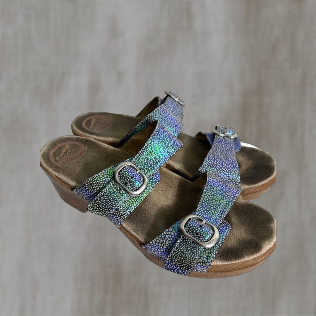 Dansko VINTAGE Dansko Sandal Sophie Blue Iridescent Double Strap Clog Sandals 41 US 11 Women Straps Leather Slip-On Size US 11 / IT 41 - 1 Thumbnail