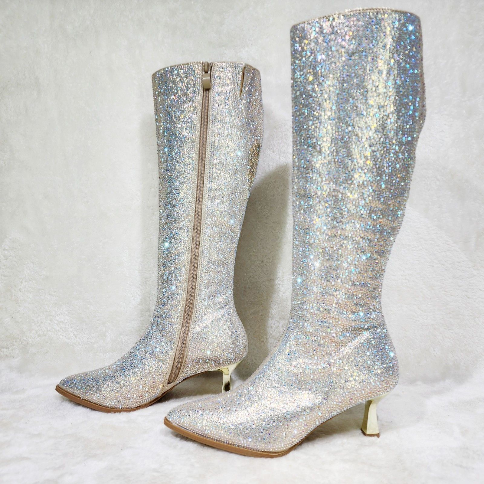 Other Gold Rhinestone Knee Boots 2.5" Kitten Heels Wide Friendly Size US 6 / IT 36 - 2 Thumbnail