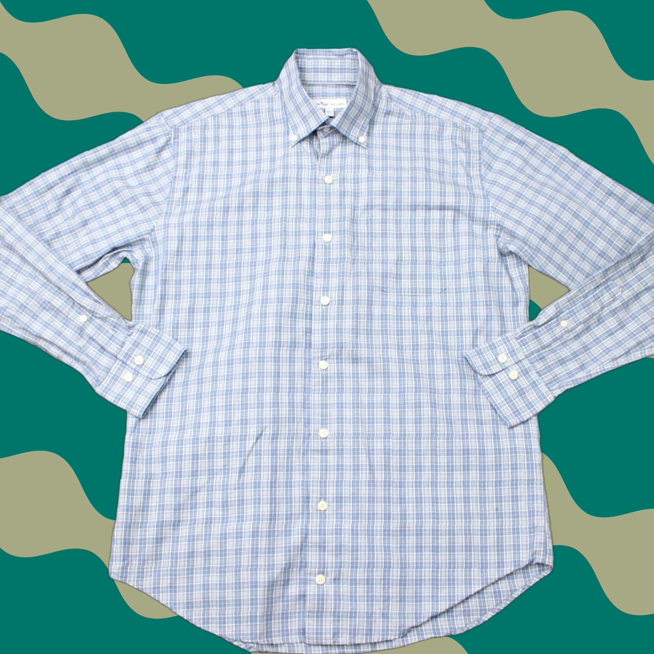 Peter Millar Peter Millar Crown Sport Shirt Mens Medium Blue Plaid Cotton Blend Button-Up L/S Casual Weave Stretch Size US M / EU 48-50 / 2 - 1 Thumbnail