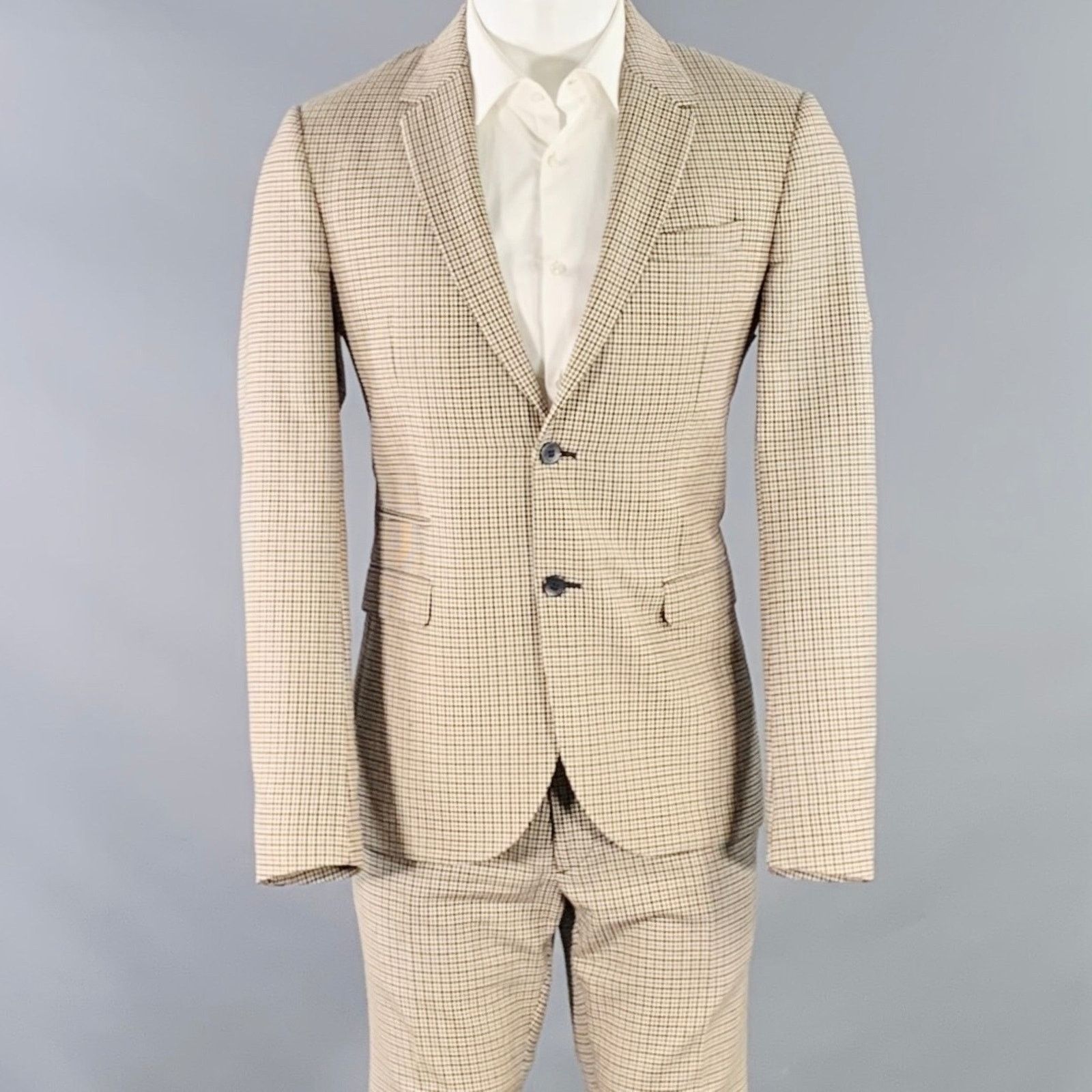 Valentino Size 38 Tan Black White Plaid Wool Notch Lapel Suit Size 38R - 1 Thumbnail