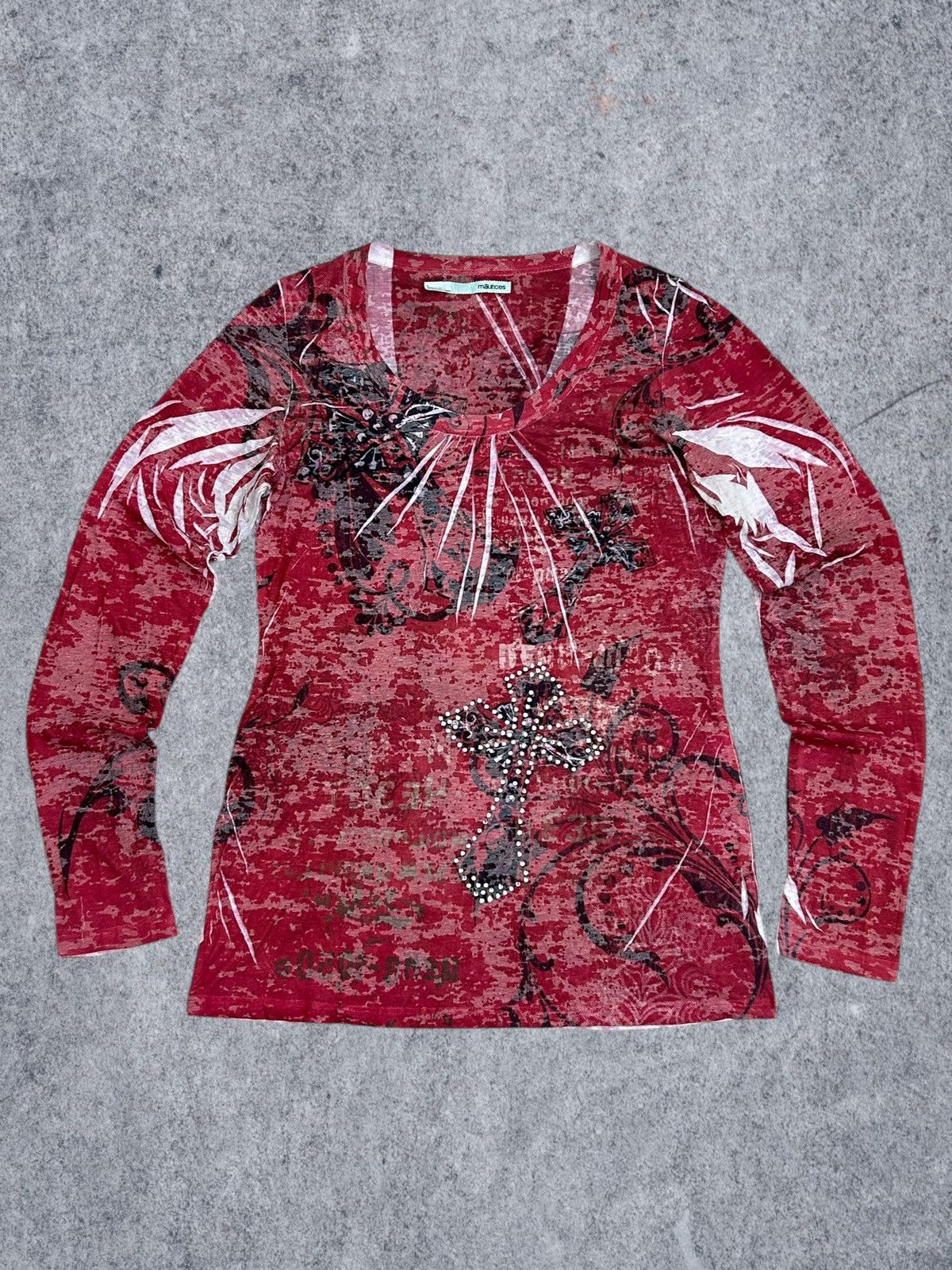 Designer × Japanese Brand Edgy Red L/ Sleeve Top –Distressed Print Angel Wing Graphics Size US XS / EU 42 / 0 - 1 Thumbnail