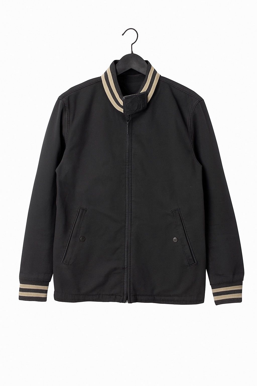 BEAMS Japan Black Bomber Jacket with Striped Ribbed Collar