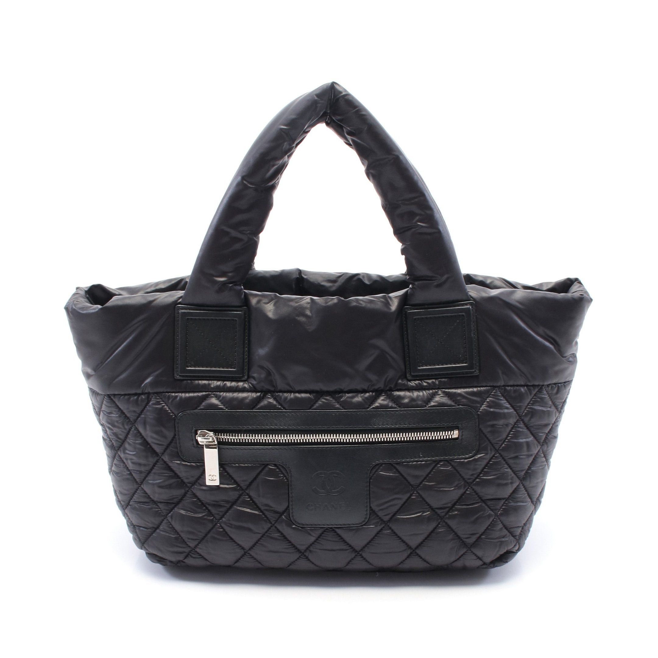 Chanel Coco Coon Small Handbag Tote Bag Nylon Leather Black Silver Hardware