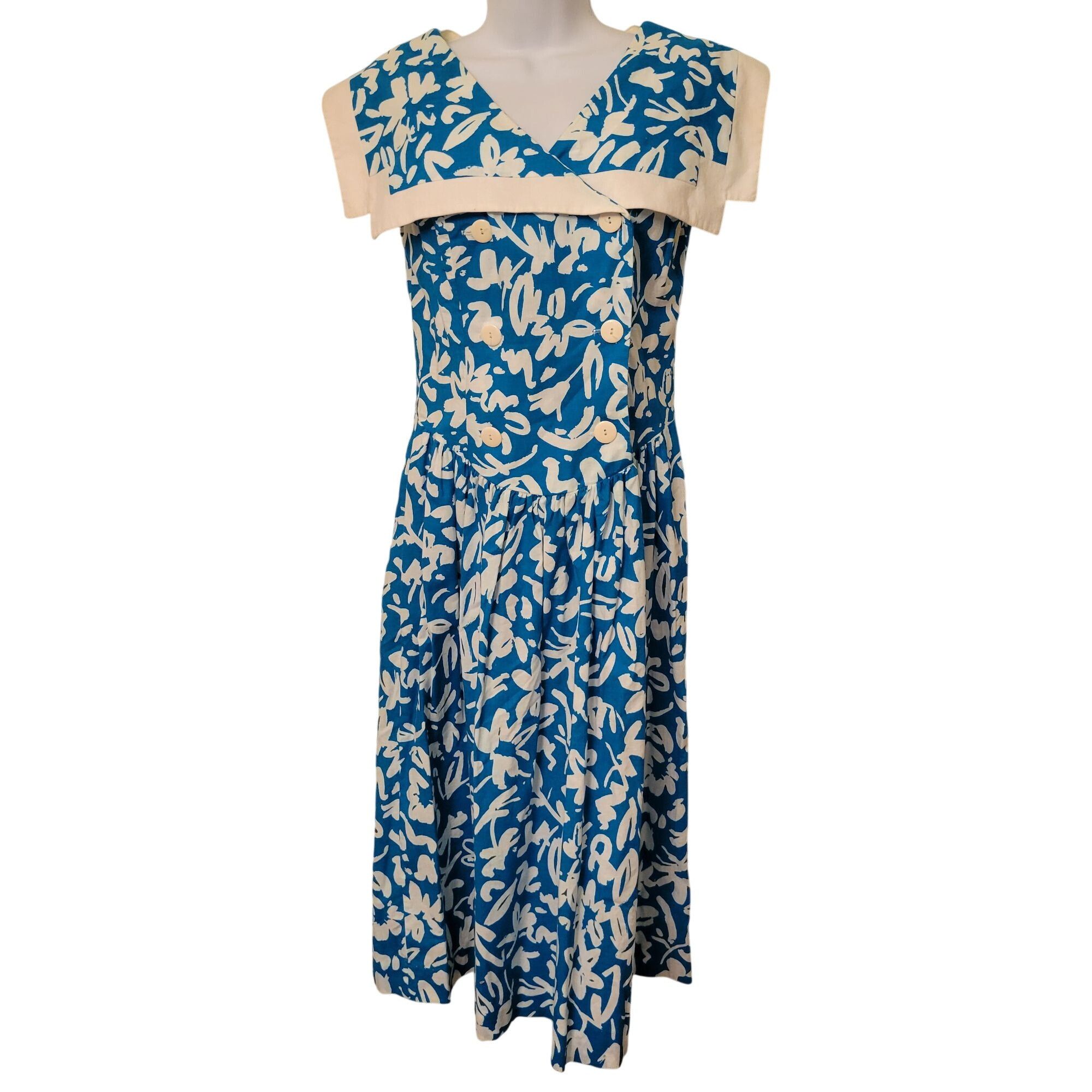 Vintage Vintage 1980s V. Fox Blue White Floral Dress 8 Collar Open C Size M / US 6-8 / IT 42-44 - 1 Thumbnail