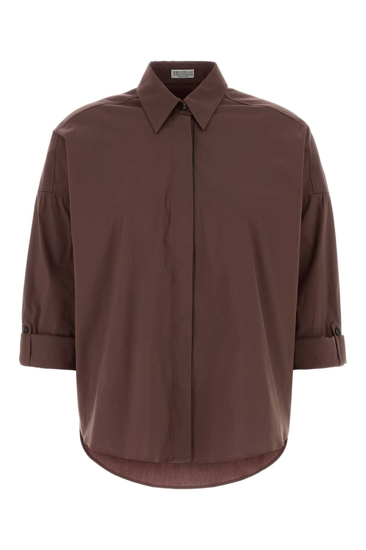 Brunello Cucinelli Chocolate Stretch Poplin Shirt Size M / US 6-8 / IT 42-44 - 1 Thumbnail