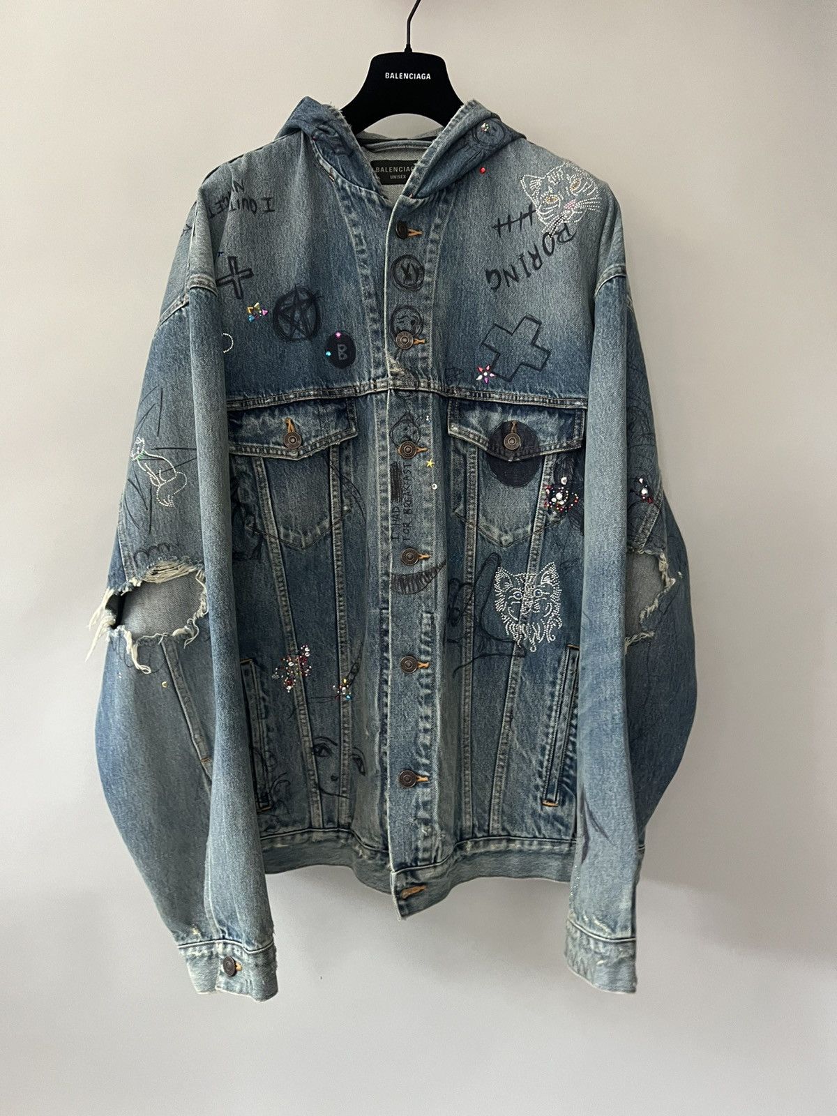 Balenciaga Rhinestones Scribble Hooded Denim Jacket Size US L / EU 52-54 / 3 - 1 Thumbnail