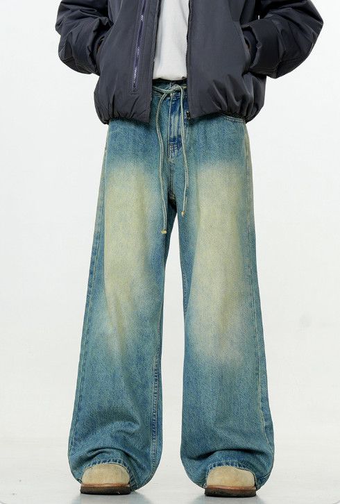 Vintage Men's washed blue drawstring distressed vintage loose jeans Size US 32 / EU 48 - 1 Thumbnail