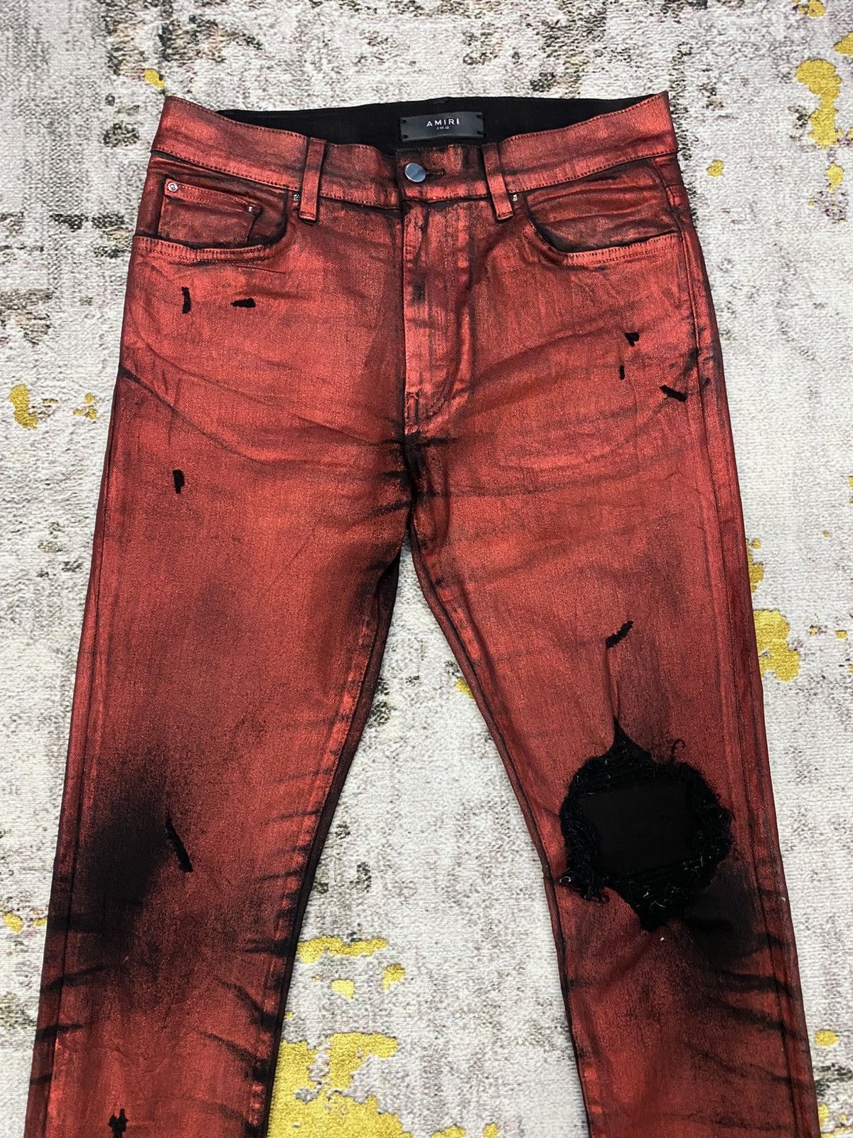 Amiri Amiri Knee Hole Red Waxed Denim Jeans Size US 31 - 3 Thumbnail