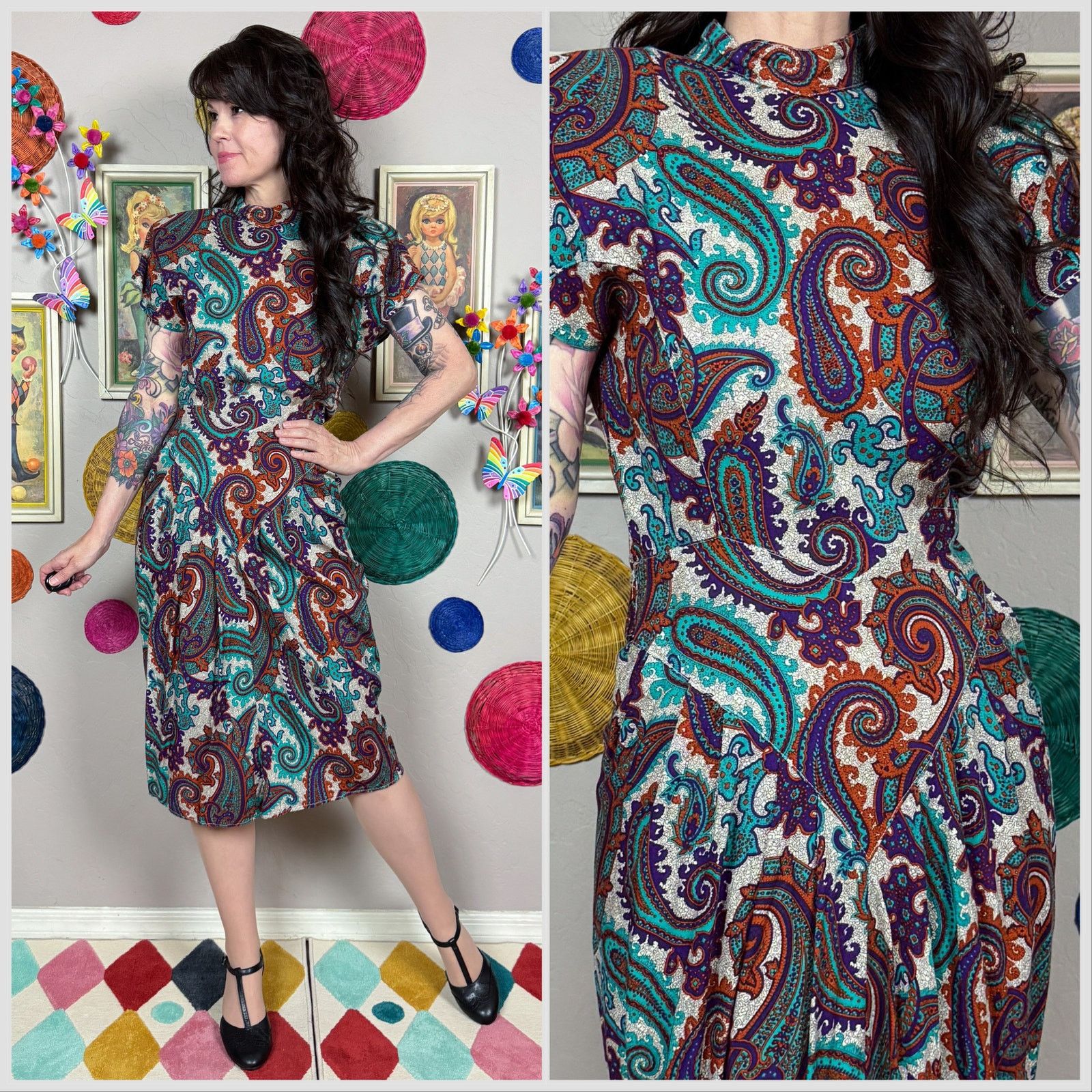 Vintage Vintage 1980s Paisley Print Short Sleeve Back Button Dress Size XS / US 0-2 / IT 36-38 - 1 Thumbnail