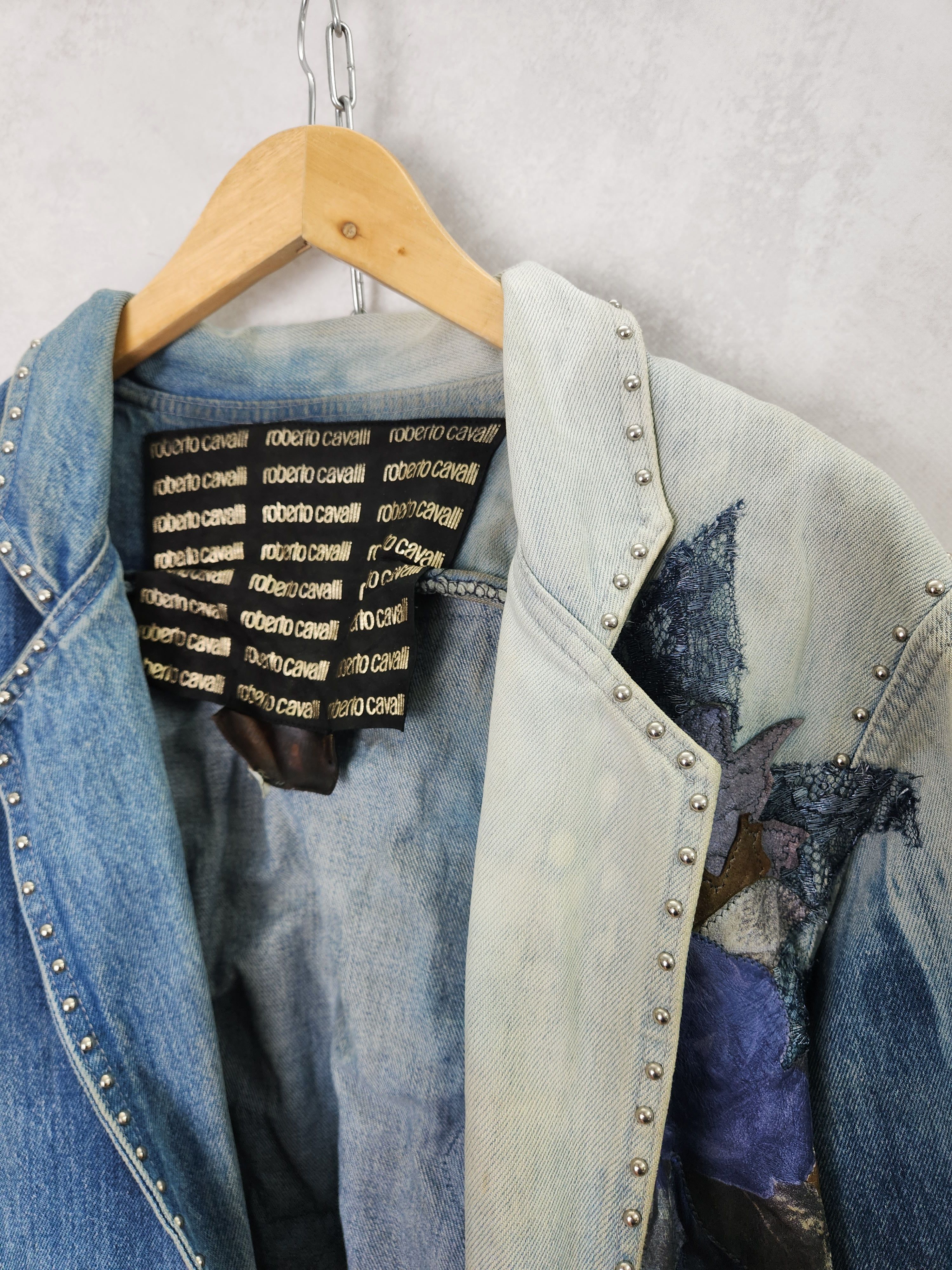 Roberto Cavalli 80s Roberto Cavalli denim jeans jacket leather flowers Size L / US 10 / IT 46 - 8 Thumbnail