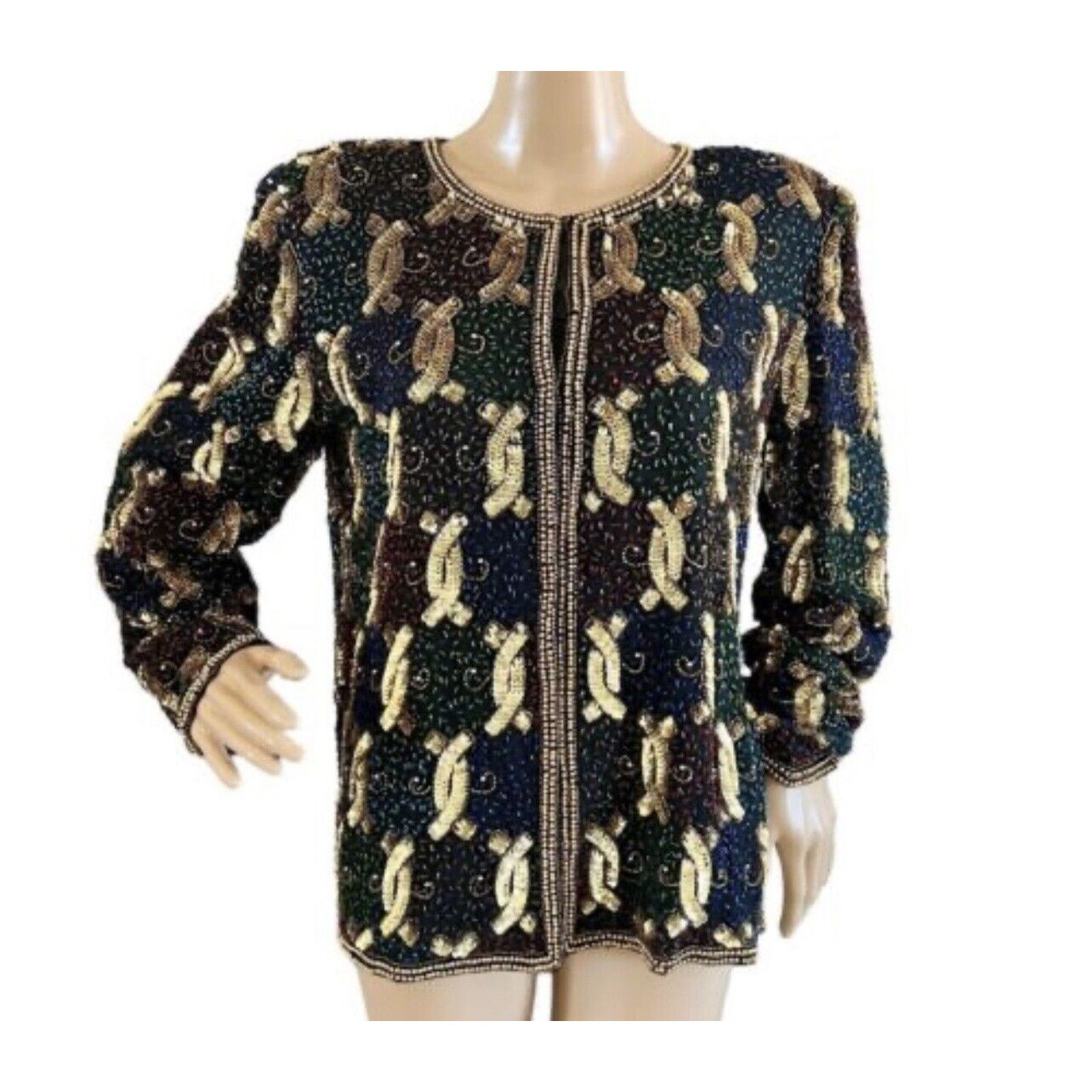 Vintage VTG LAURENCE KAZAR silk Sequin Beaded Black Gold Jacket SP Size S / US 4 / IT 40 - 4 Thumbnail