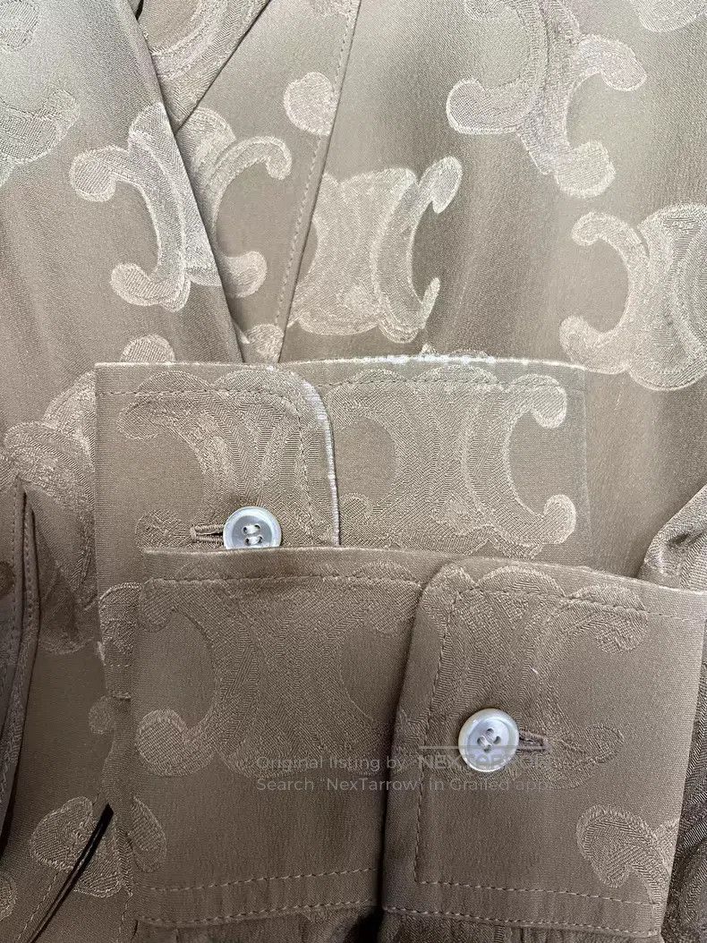 Celine CELINE Champagne Gold Triumph Arch Logo Printed Silk Tie S Size XS / US 0-2 / IT 36-38 - 6 Thumbnail