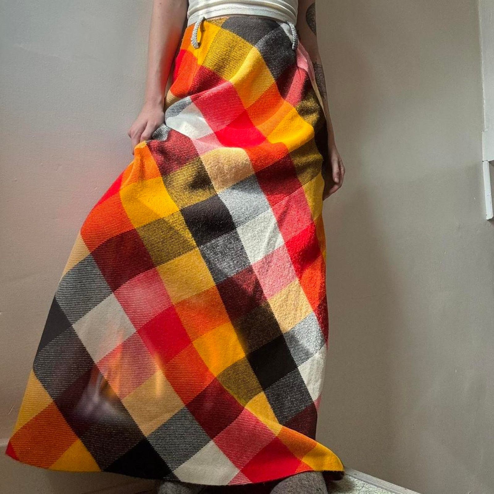 Vintage 1970s Sears Colorful Plaid Maxi Skirt