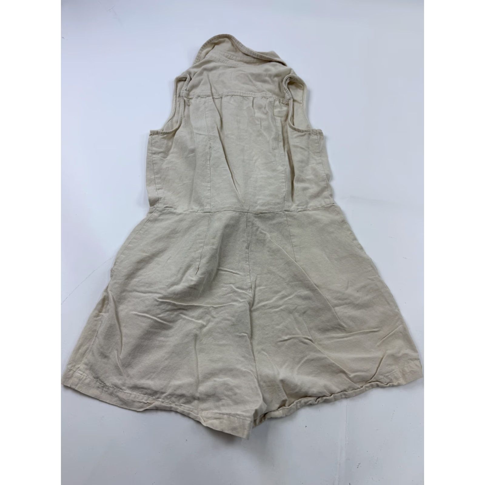 Anthropologie Japna Romper Womens Medium Beige Linen Blend Sleeveless One-Piece Casual Summer Belted Collared Button Front Size 32" / US 10 / IT 46 - 5 Thumbnail