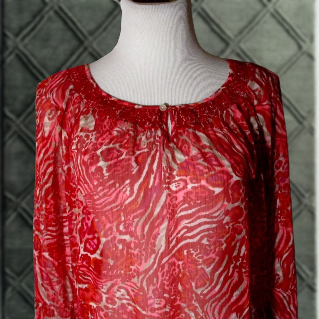 Lucky Brand Lucky Brand Sheer Red Top Blouse S Women - 3/4 Sleeve, Knit Polyester, Floral, Button Front, Boat Neck - Vintage No Size S / US 4 / IT 40 - 1 Thumbnail