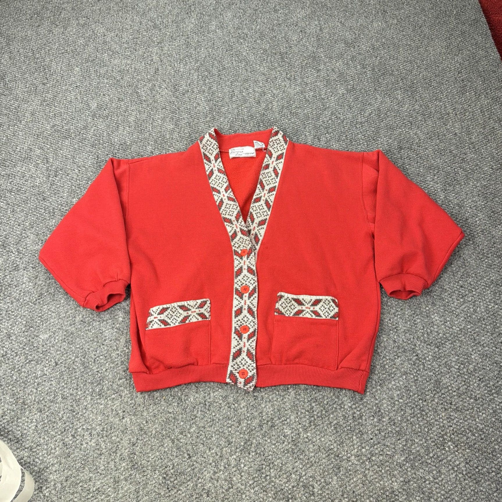 Vintage VINTAGE Red Cardigan Sweater Womens S Puff Sleeve Button Geometric Knit V-Neck Holiday Christmas Shirt? Size S / US 4 / IT 40 - 2 Thumbnail