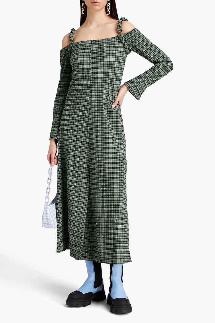 Ganni GANNI Cold-shoulder checked seersucker midi Dress EU32 Size XS / US 0-2 / IT 36-38 - 2 Thumbnail