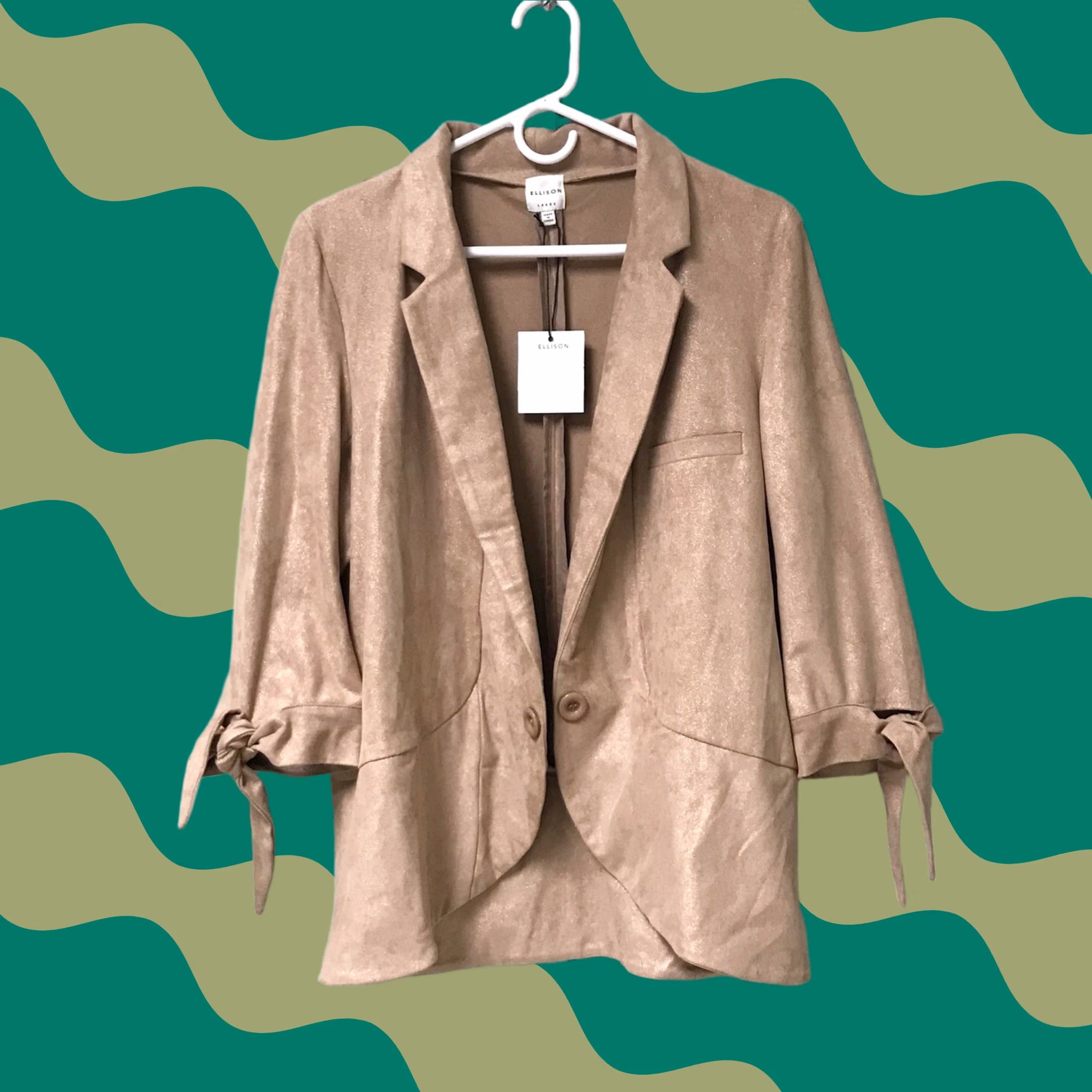Vintage Ellison Blazer Shirt Women Peach Blush Faux Suede Gold Sparkle 3/4 Tie Sleeve Career Size L / US 10 / IT 46 - 1 Thumbnail