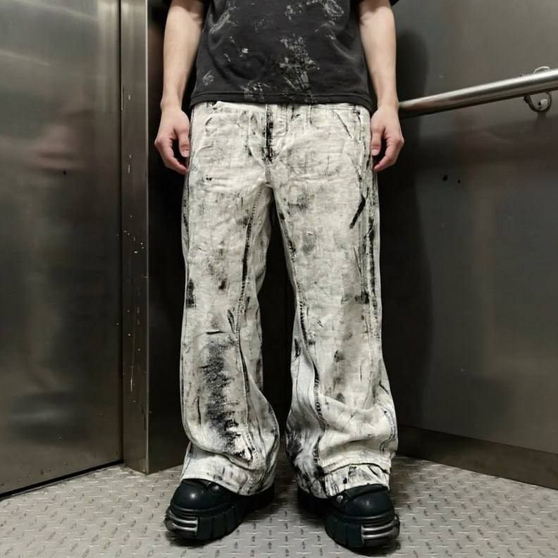 Japanese Brand Custom white Baggy Distressed Jeans Painted Wide Leg Size US 31 - 7 Thumbnail