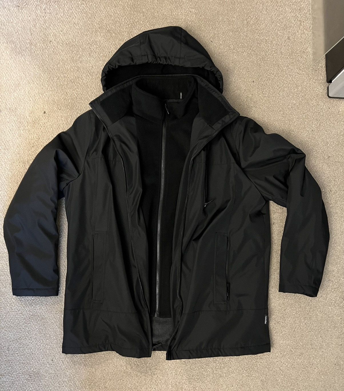 image of Calvin Klein Insane Faux Double Layer Calvin Clean Trench Fleece Jacket in Black, Men's (Size Large
