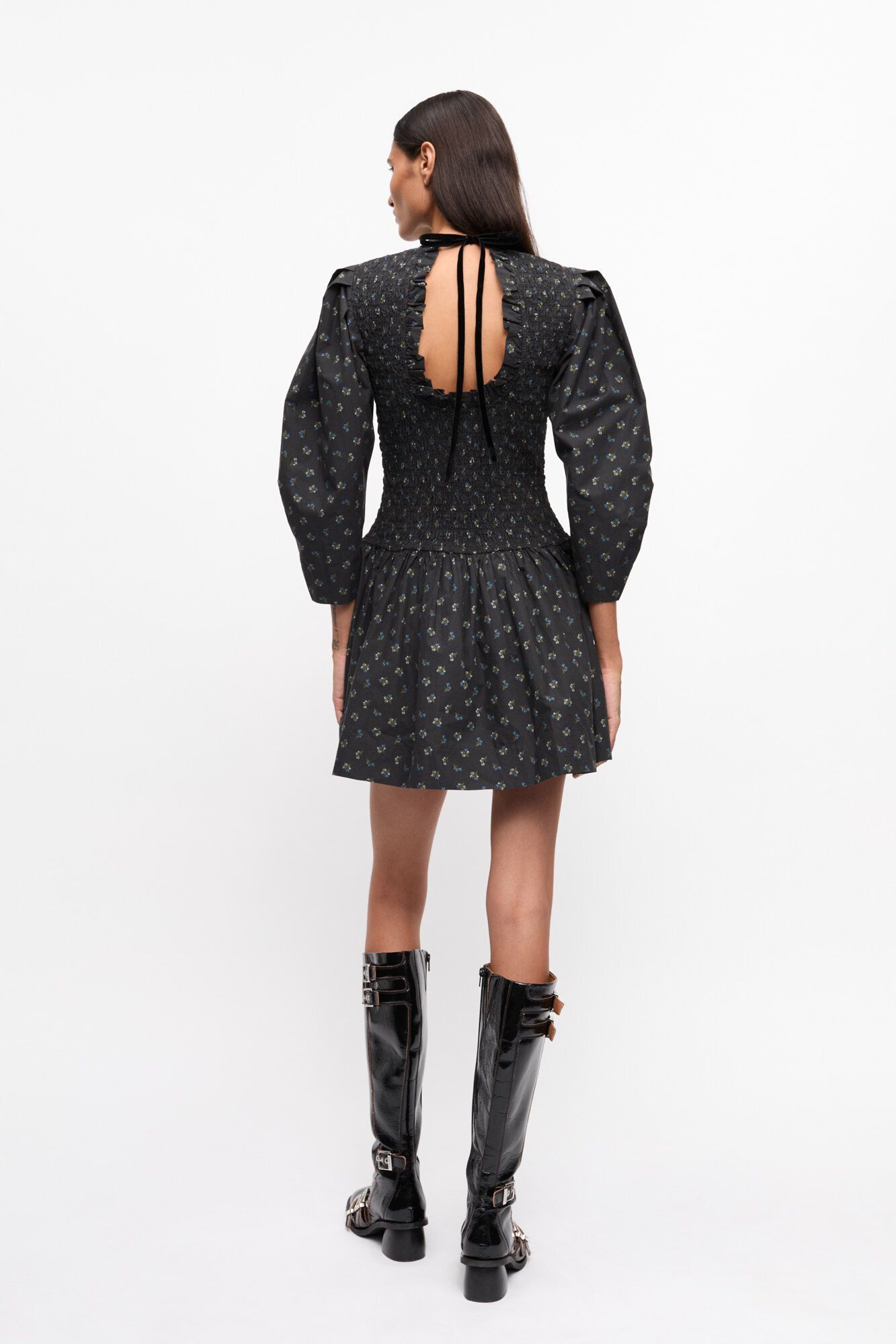 Ganni o1s22i1n0525 Printed Cotton Smock Mini Dress in Dark Grey Size XS / US 0-2 / IT 36-38 - 4 Thumbnail