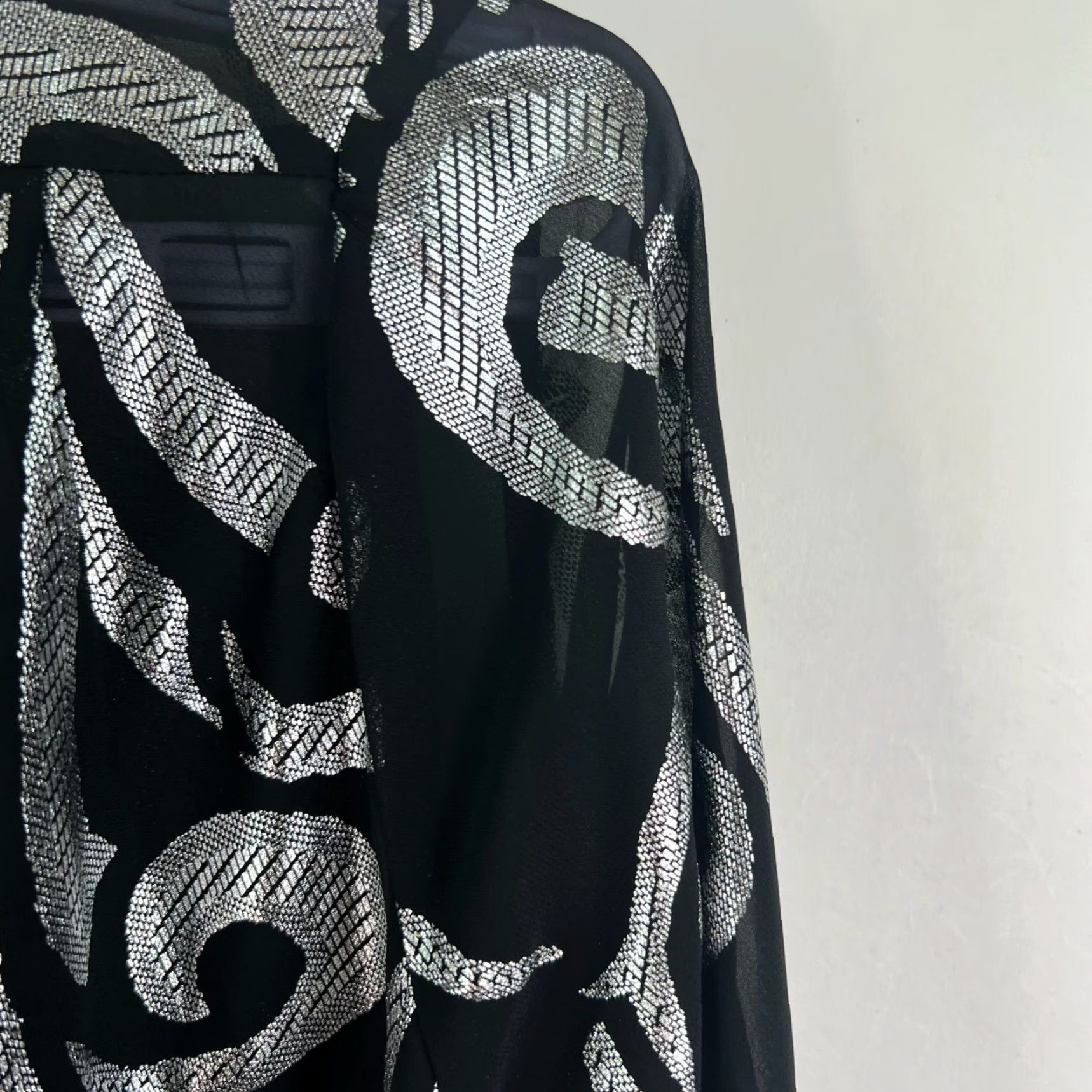 Bob Mackie Mackie Open Cardigan Duster Blouse Womens Black Silver Shimmer Geometric Glitter Long Sleeve Round Neck M Adult Womens Size M / US 6-8 / IT 42-44 - 2 Thumbnail