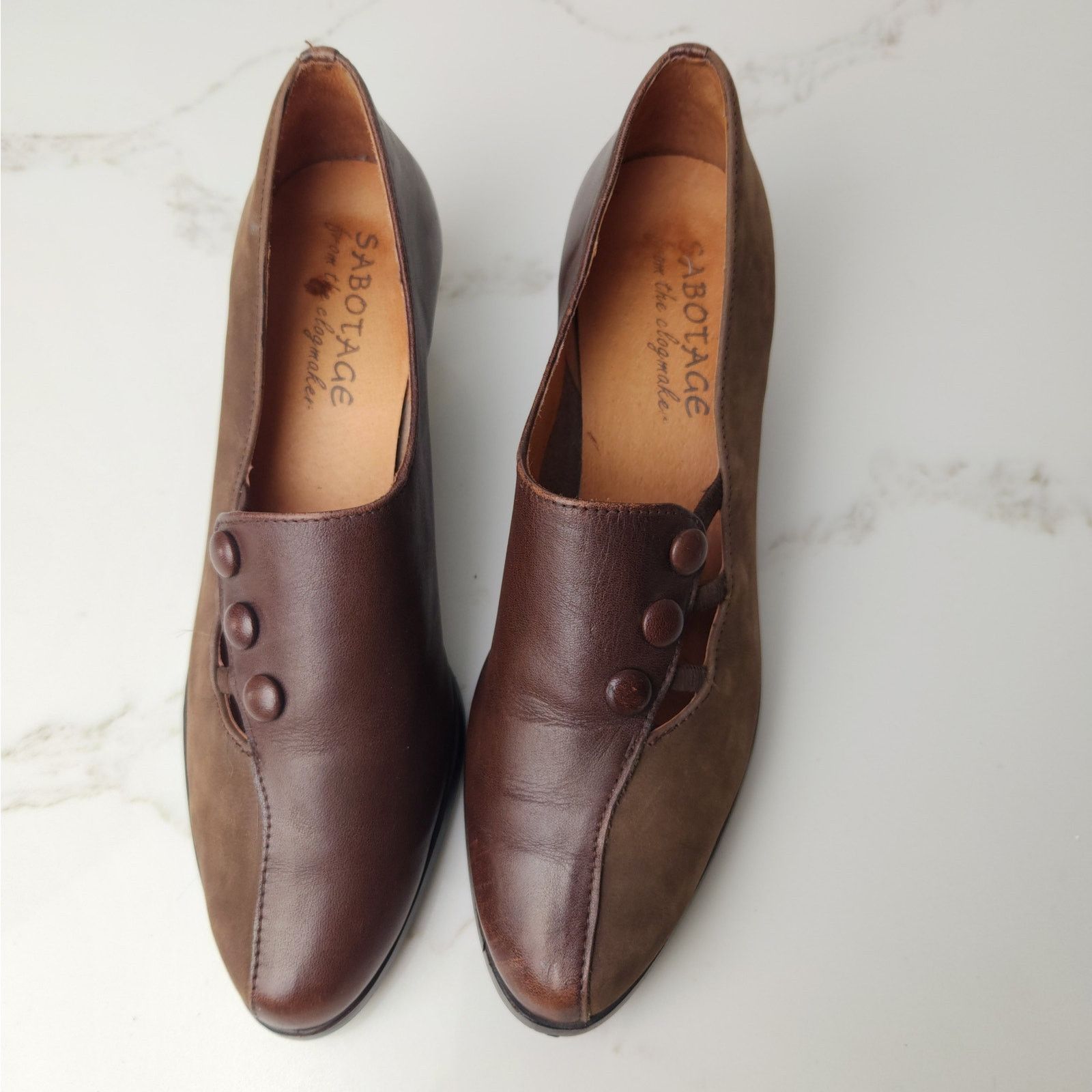 Other Vintage 80s Leather Suede Brown Heels Pumps 8-8 1/2 Sabotage Size US 8 / IT 38 - 5 Thumbnail