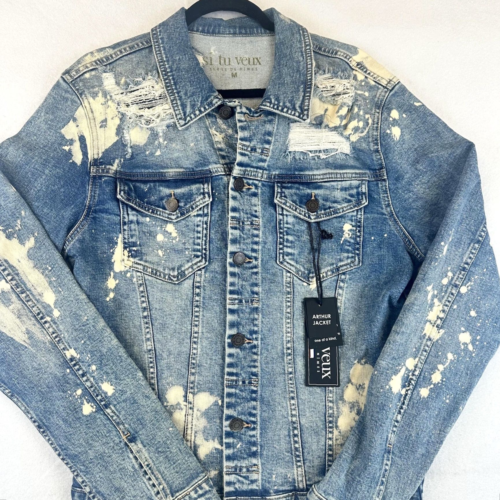 Denime Si Tu Veux Arthur Jacket Mens M Indigo Wash Distressed Paint Splatter Denim Size US M / EU 48-50 / 2 - 6 Thumbnail