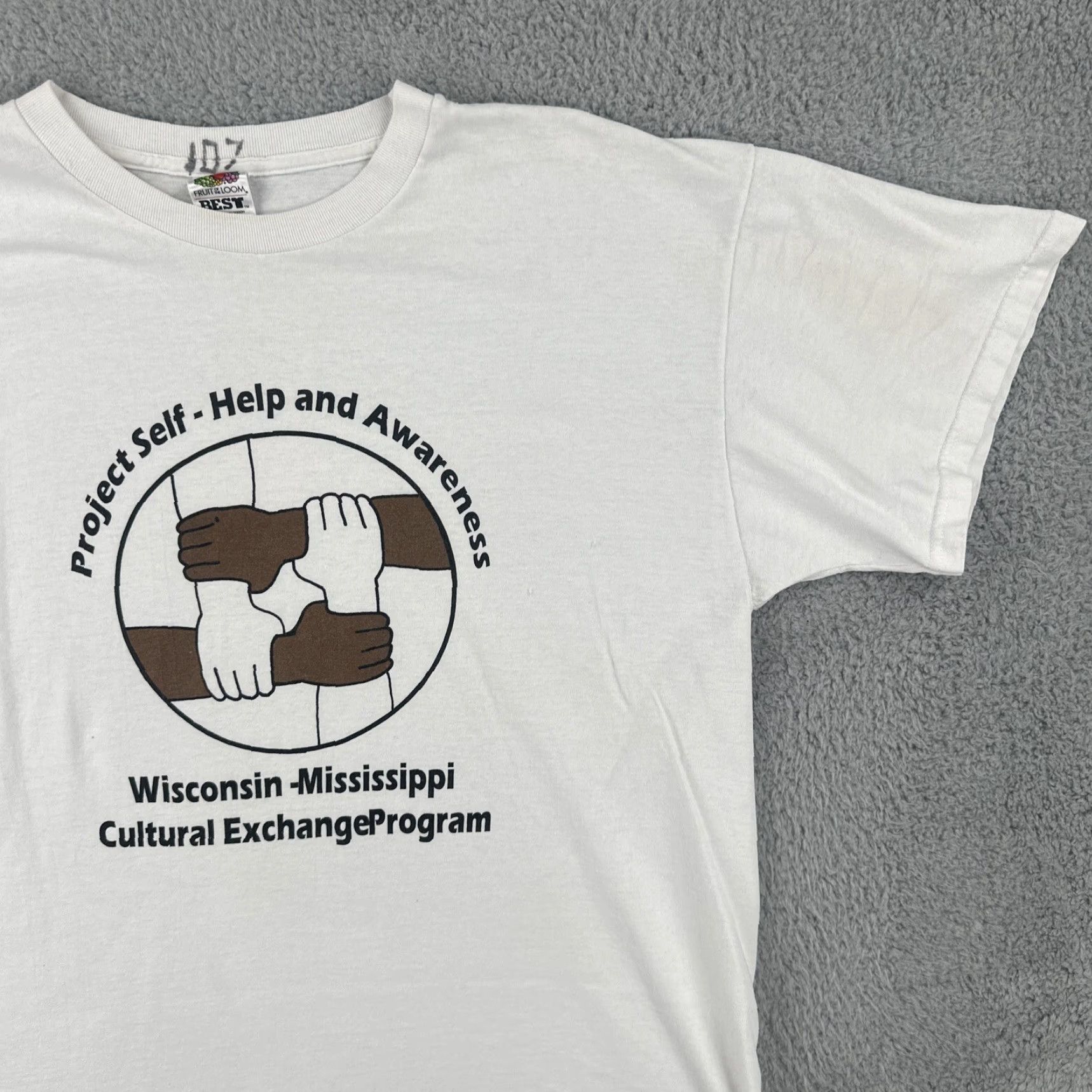 Fruit Of The Loom VINTAGE Fruit of the Loom White T Shirt Mens XL Wisconsin to Mississippi Cultural Exchange Graphic Tee 1990s Short Sleeve Cotton Size US XL / EU 56 / 4 - 5 Thumbnail