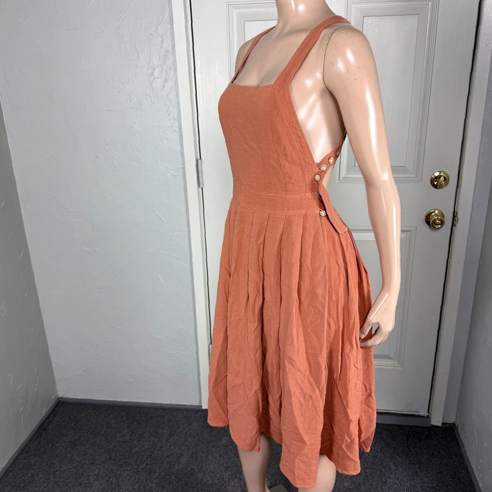 Vintage Lelasilk Women's Dress Apron Sleeveless Cotton Open Back Pockets LL20 - Salmon Orange Solid Knit Knee Length Casual Square Neck Sleeveless Dress Size S / US 4 / IT 40 - 3 Thumbnail