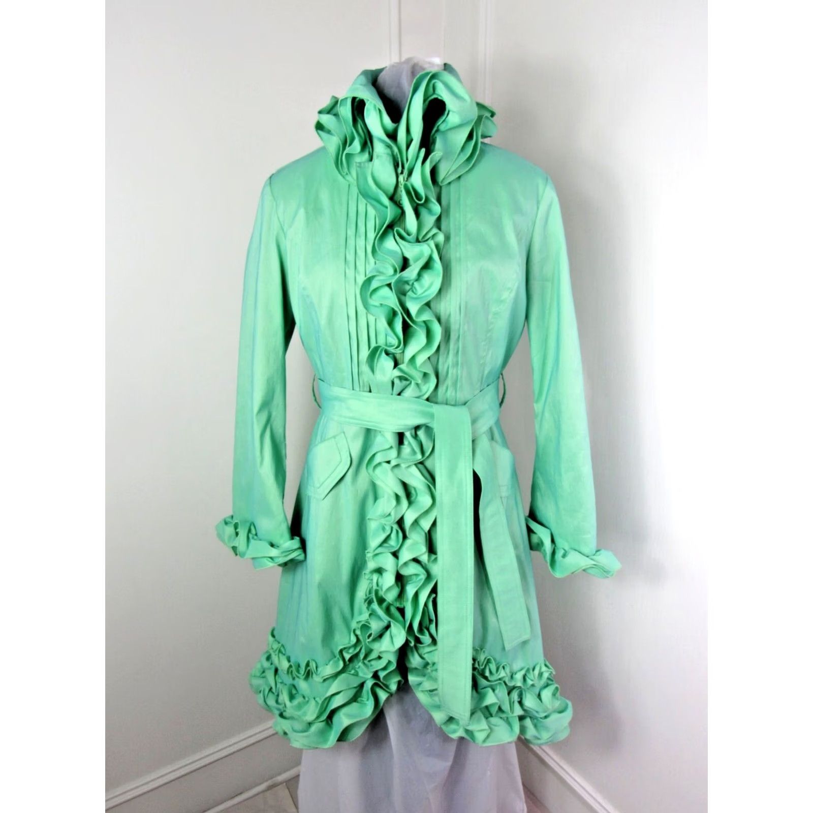 Vintage VINTAGE Samuel Dong Mint Green Ruffled Nylon Taffeta Belted Dress Coat - Medium Size M / US 6-8 / IT 42-44 - 2 Thumbnail