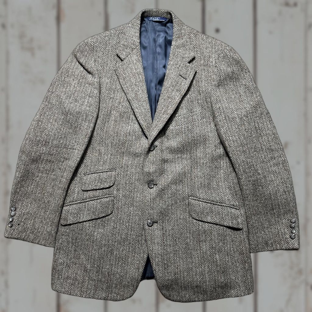VINTAGE Polo Ralph Lauren Blazer Men’s L Wool Tweed Brown Herringbone 3 Button Notch Lapel Single-Breasted 80s City Preppy USA Mens
