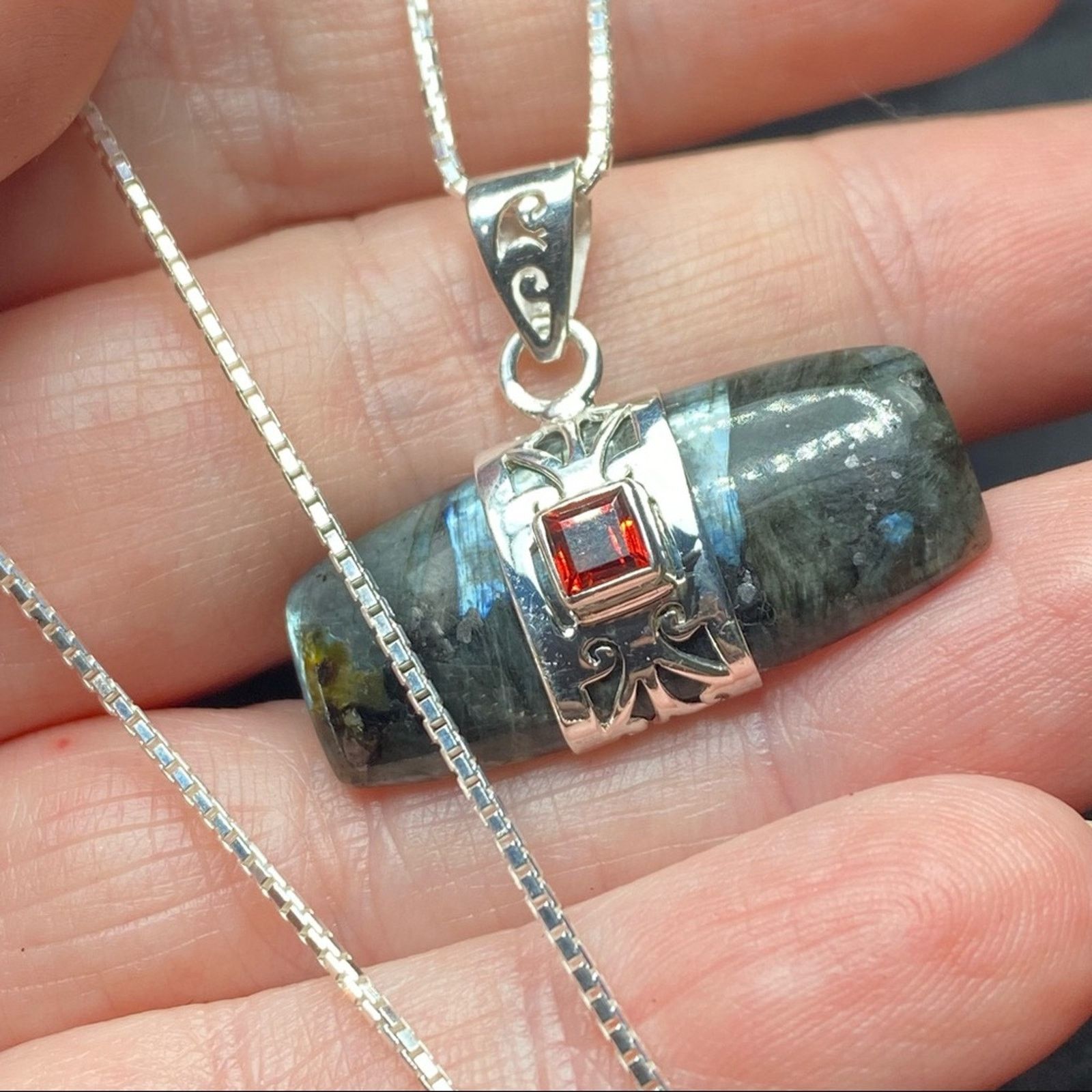 The Unbranded Brand Larvikite Black Moonstone & Garnet Pendant Necklace Size ONE SIZE - 4 Thumbnail