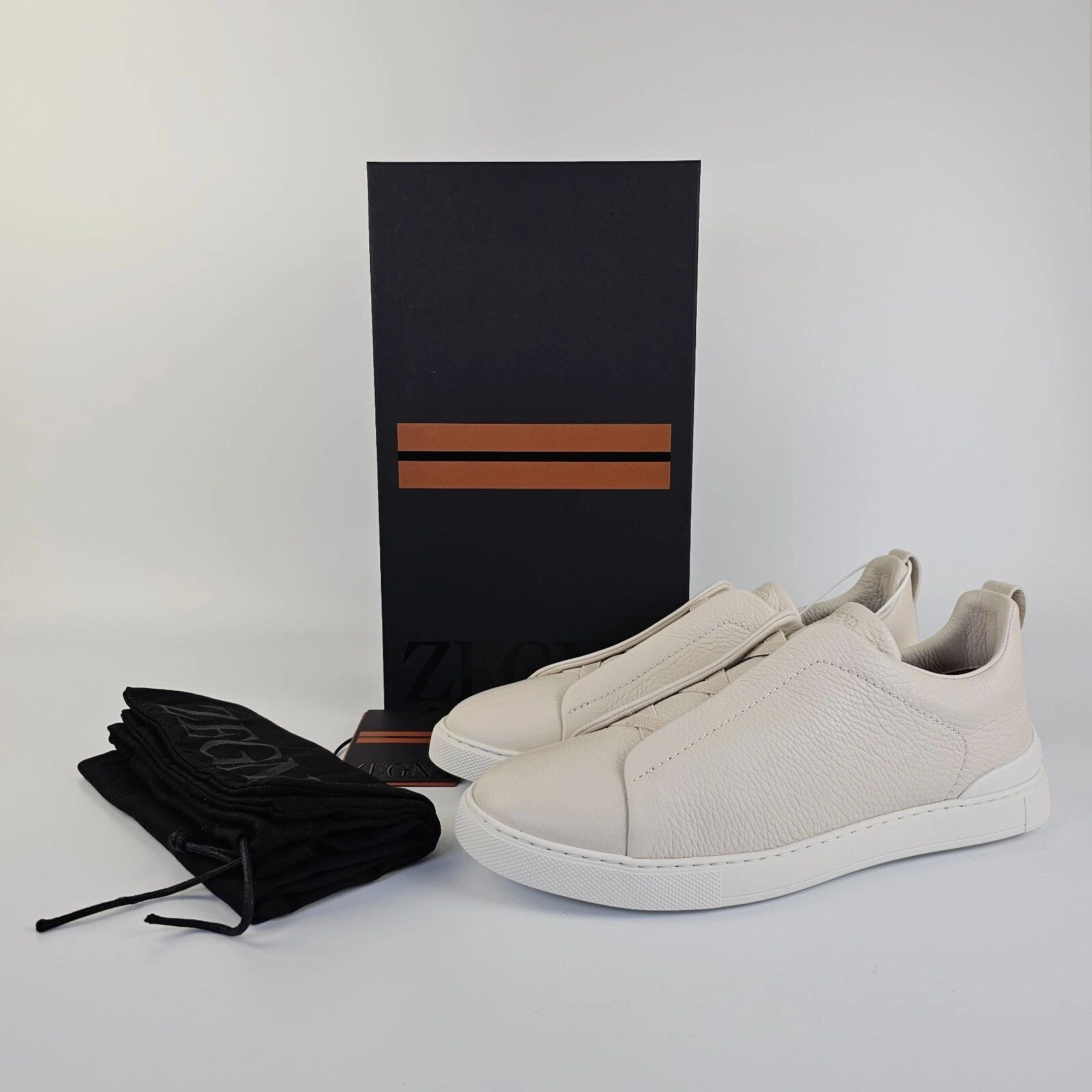 ZEGNA Triple Stitch White Leather Low Top Sneakers New