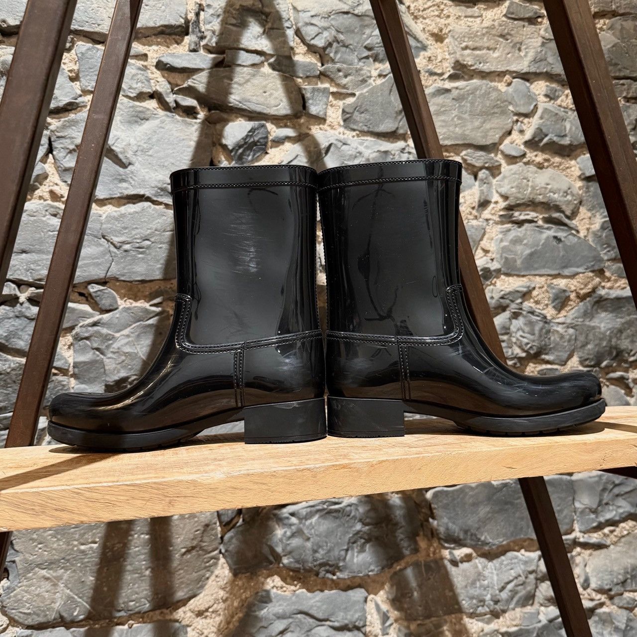 Prada Prada Black Enamel Triangle Mid-Calf Rain Boots Size US 8 / IT 38 - 9 Thumbnail