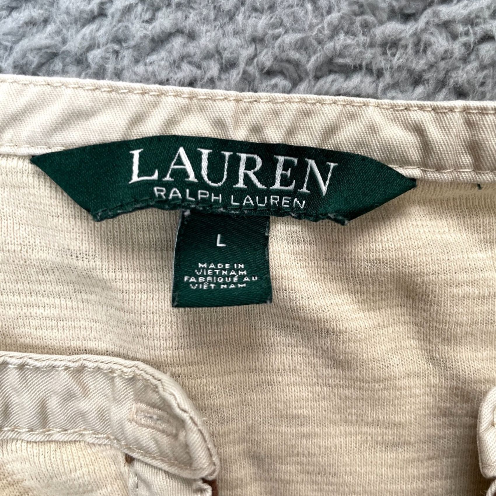 Ralph Lauren Lauren Ralph Lauren Womens Large Beige Cotton Henley Shirt Leather Trim Top Size L / US 10 / IT 46 - 3 Thumbnail