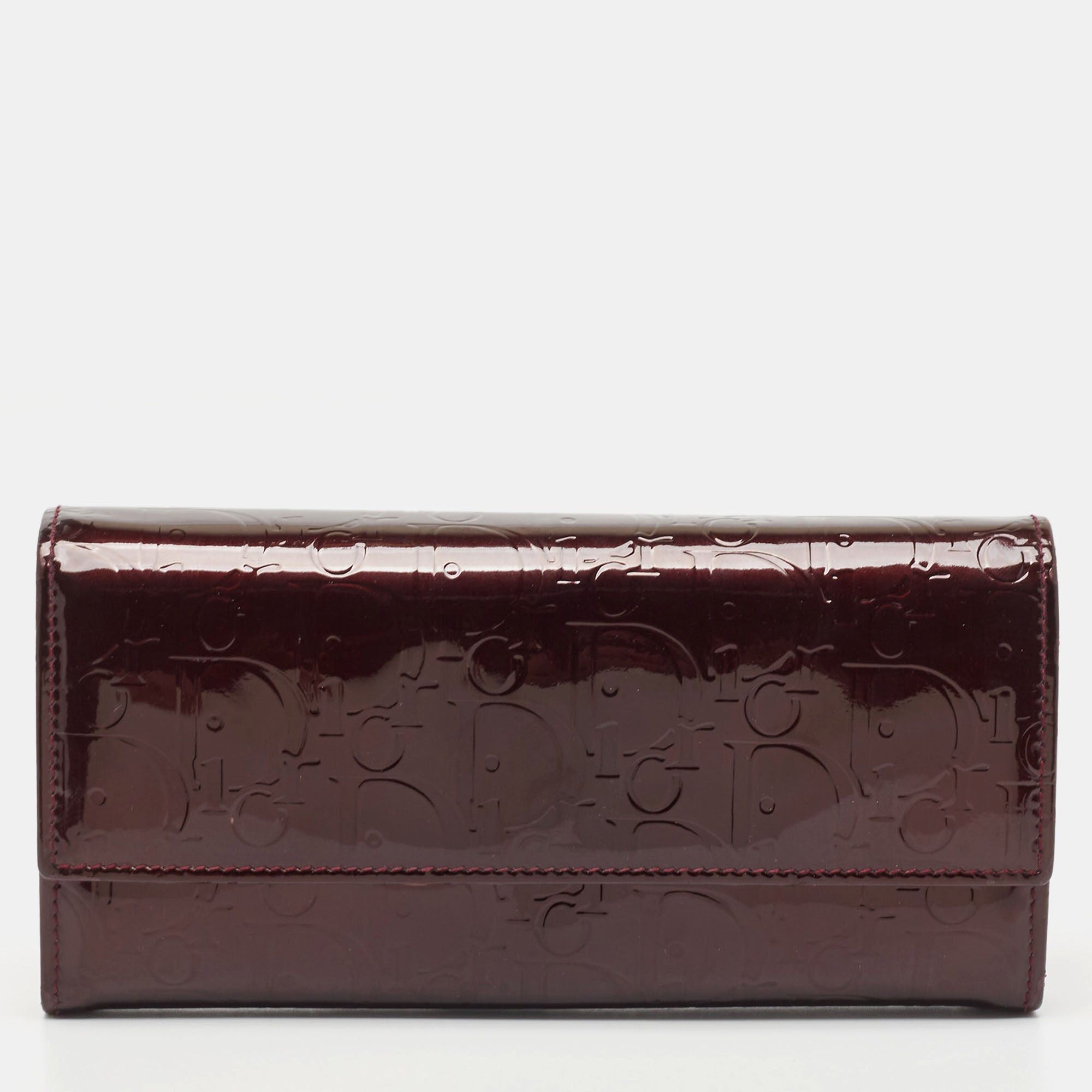image of Dior Burgundy Oblique Embossed Patent Leather Continental Wallet in Red, Women's