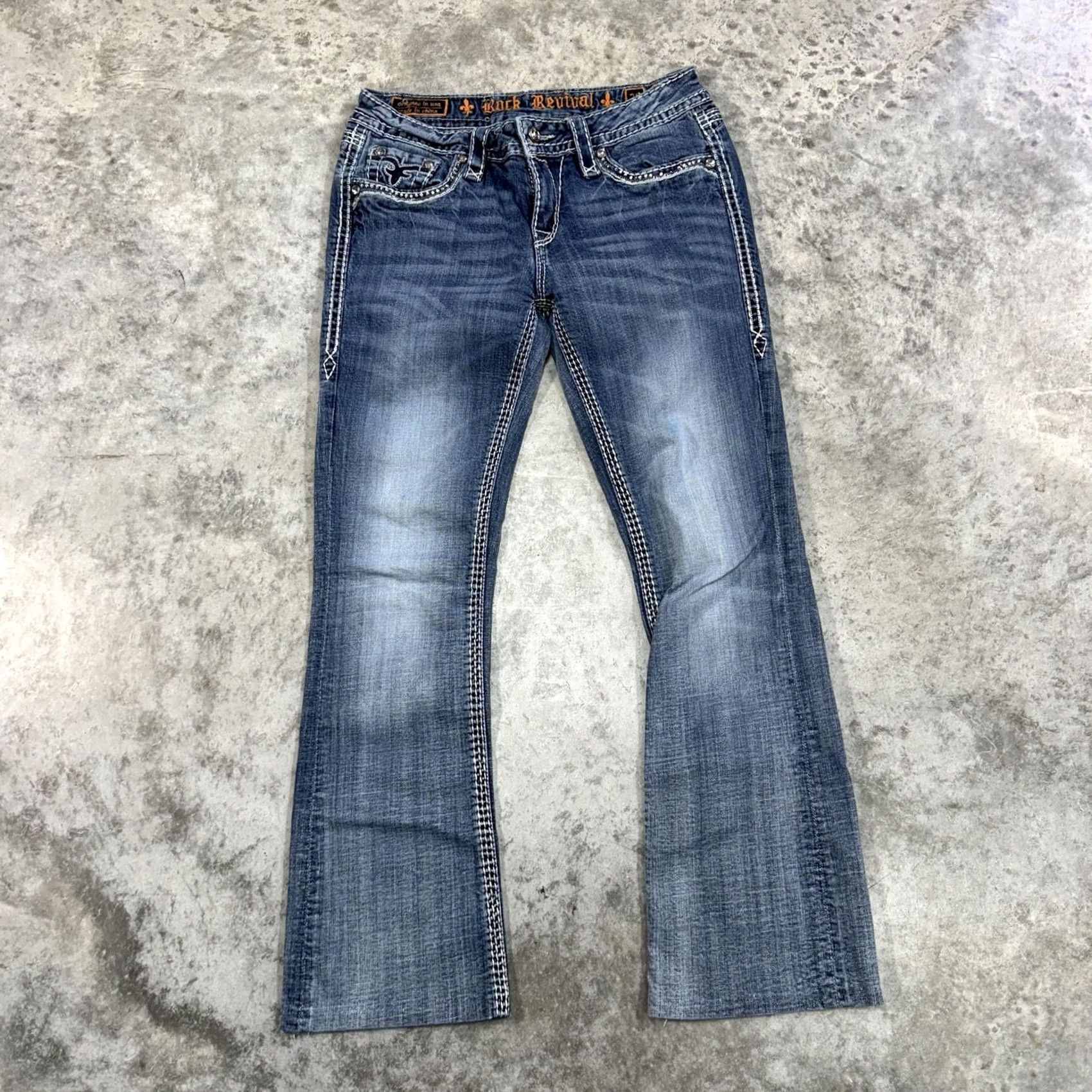 Vintage Rock Revival Jeans Women's 29 Blue Distressed Bootcut Embroidered Pockets Rhinestone Logo 90s 00s Vintage Inspired Size 29" - 3 Thumbnail