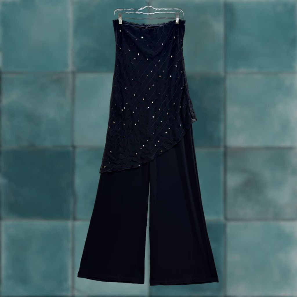 Vintage VINTAGE Y2K Strapless Jumpsuit 2 Piece Set Black Sequin Wide Leg Jumpsuit Medium Large Size 36" / US 14 / IT 50 - 1 Thumbnail