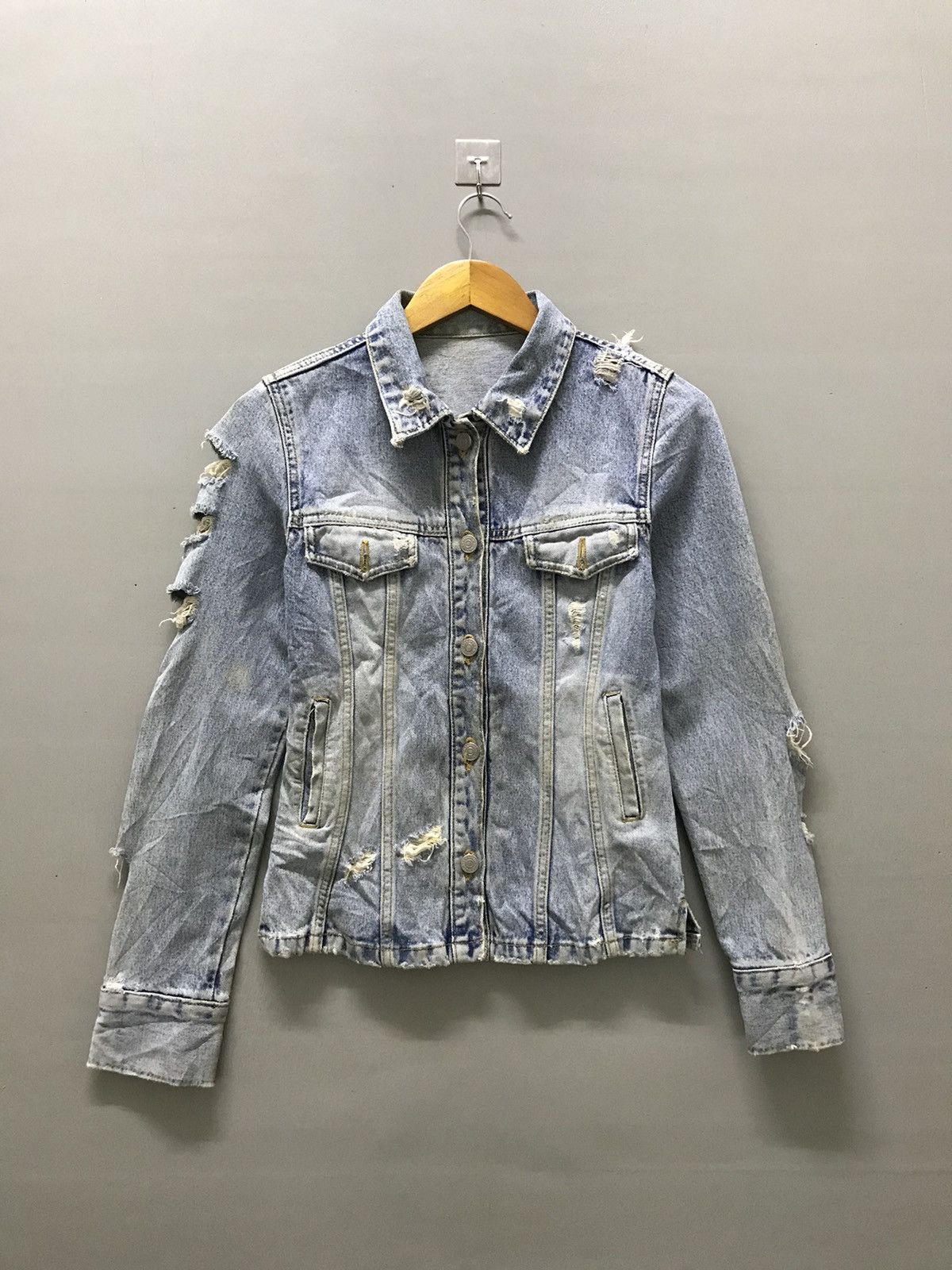 image of Distressed Denim Jacket in Blue, Women's (Size Small)