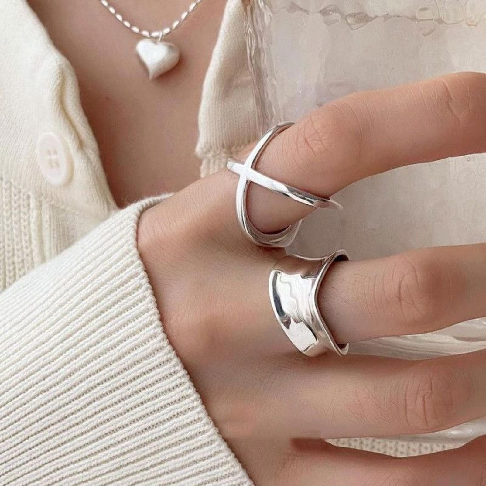 Jewelry Liquid Metal Chunky Hollow Open Adjustable Set Of Rings Size ONE SIZE - 4 Thumbnail